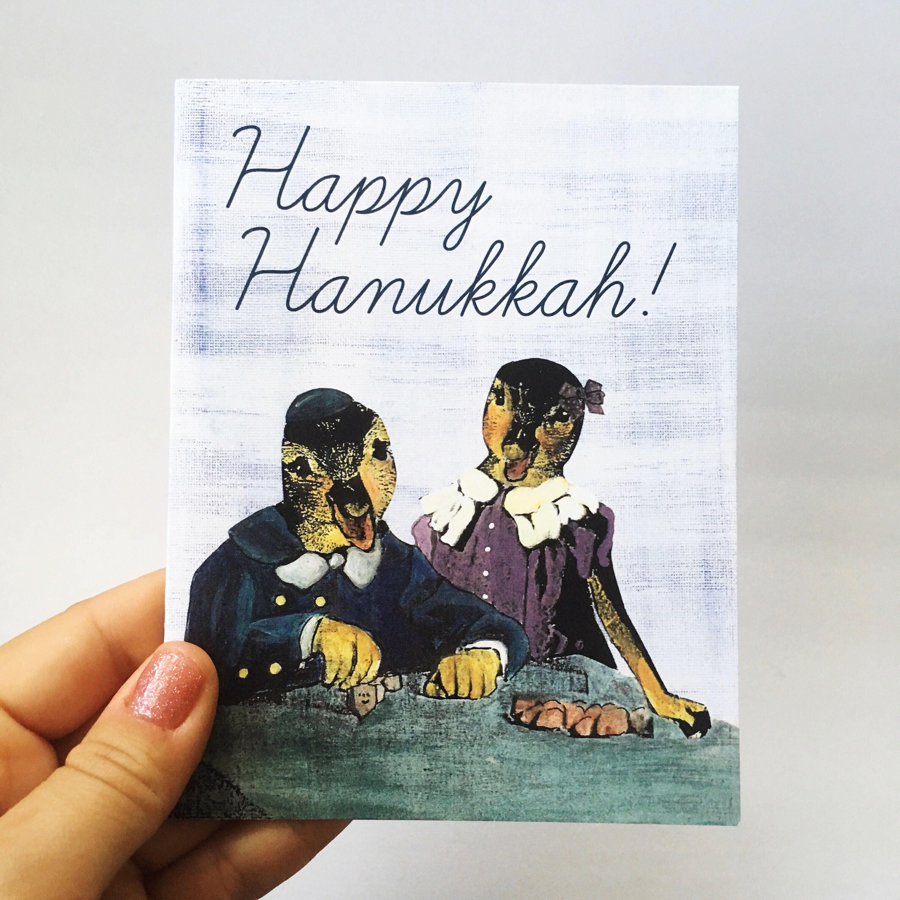 Animal Hanukkah Card or Card Set, Funny Hanukkah Party Cards, Weird Chanukah Dreidel Art, Illustrated Jewish Holiday Stationery, Wholesale - Thumbnail 3