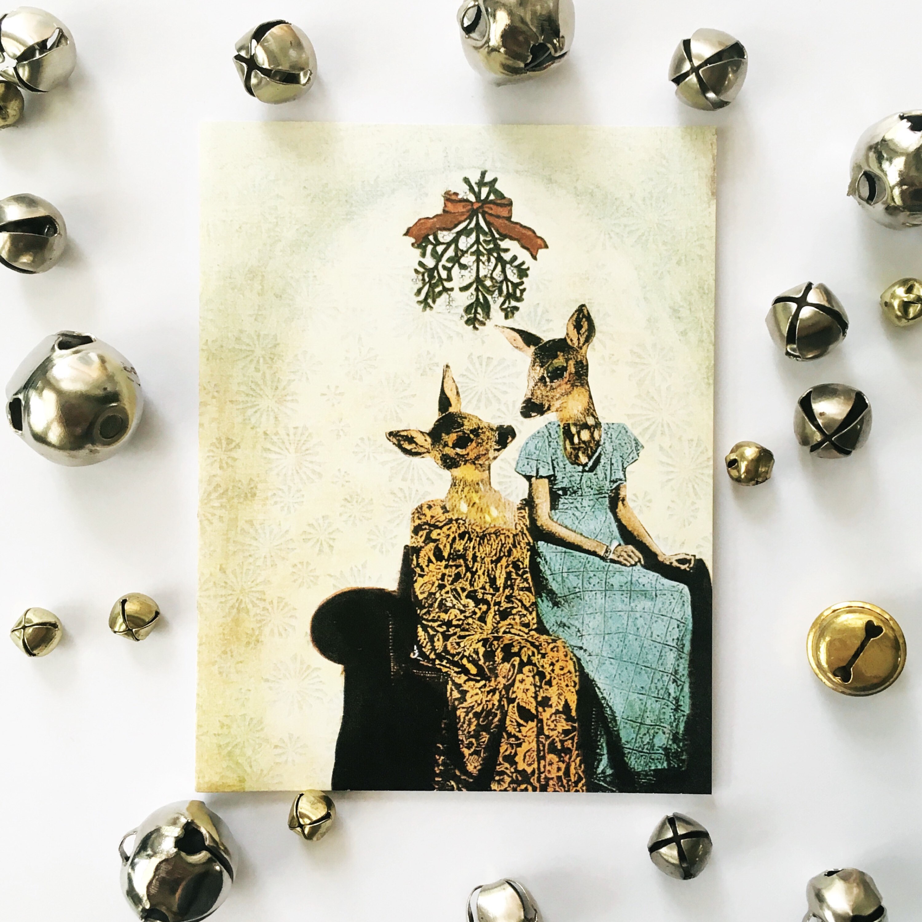 Lesbian Holiday Card or Card Set, Mistletoe Deer Christmas Cards, Unique Gay Retro Illustrated Holiday Card, LGBTQ Cards Queer LGBT Bisexual - Thumbnail 2
