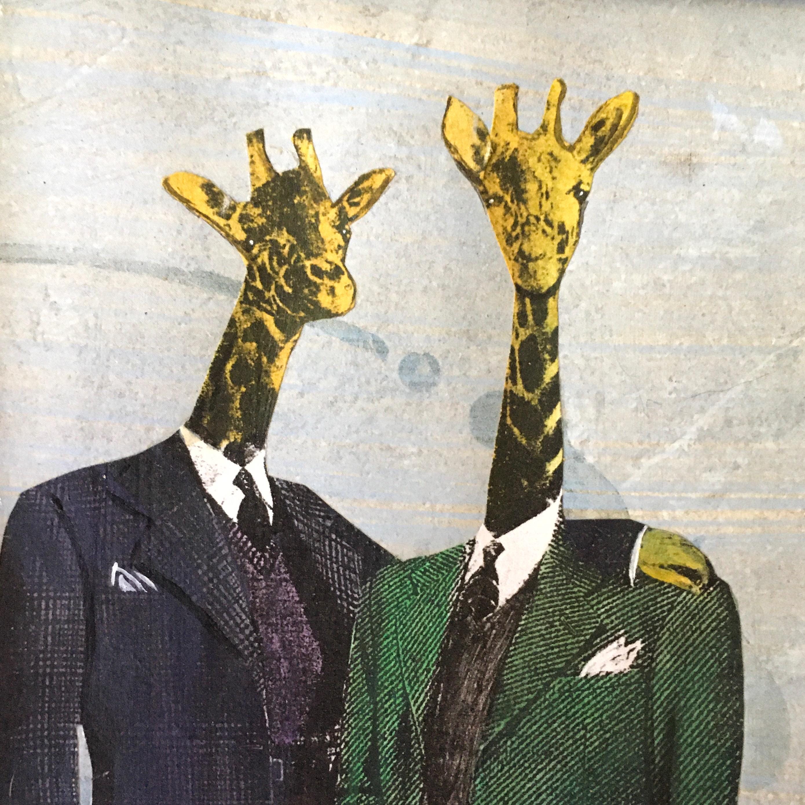 Gay Giraffes Art, Mini Painting, Vintage Inspired Mixed Media Art, Collage Wall Painting, Original Acrylic Artwork, Weird Animal Lover Gift - Thumbnail 3