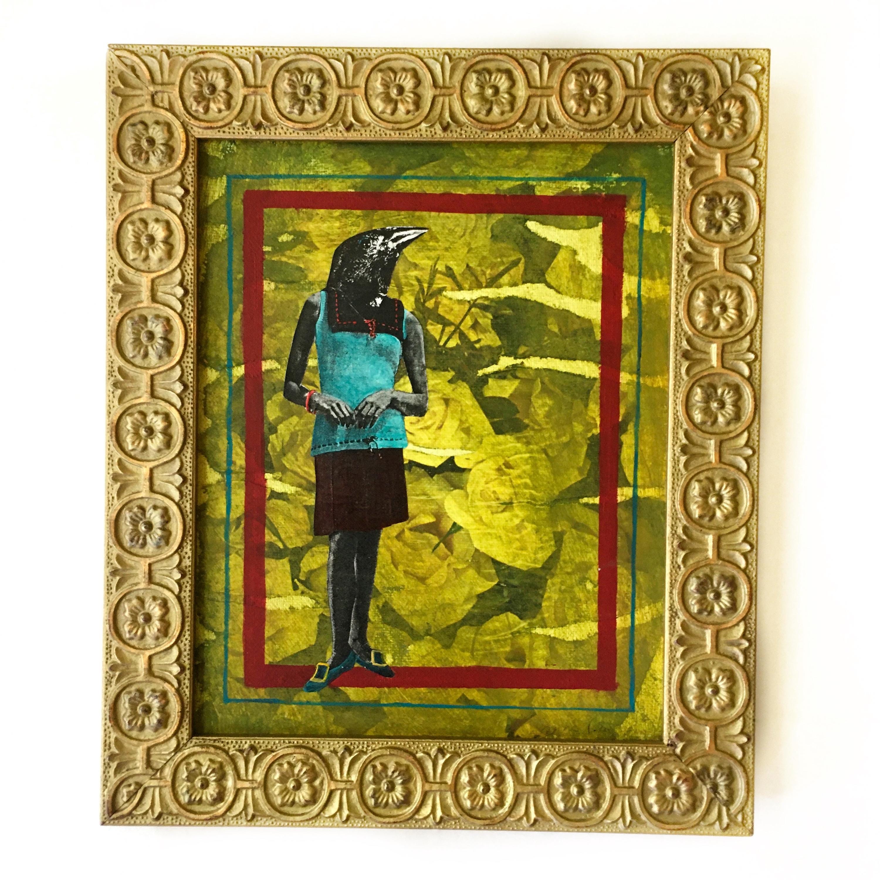 Retro Crow Art, Vintage Animal Mixed Media Painting, Strange and Unusual Collage, Kitschy Cute Inspired Decor, Kitsch Blackbird Raven Goth