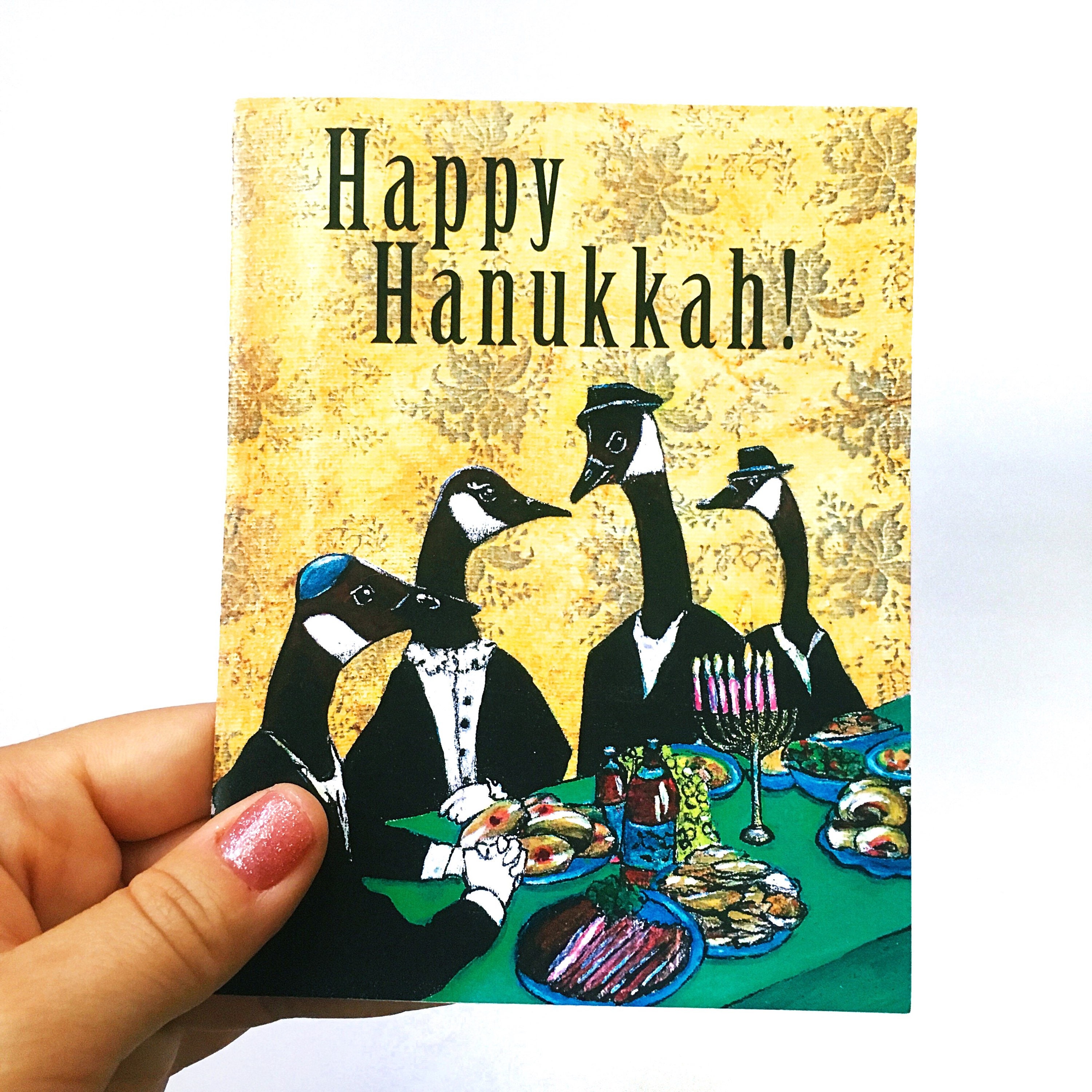 Unique Hanukkah Card or Card Set, Illustrated Geese, Retro Animal Chanukah Cards, Weird Jewish Holiday Stationery Set, Vintage Fancy Animals