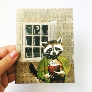 Carte d’automne d’automne ou ensemble de cartes, cartes raton laveur, Quirky Hot Cocoa Animal Retro Carte de vacances, Surréaliste vintage De Noël, Weird Art Wholesale mignon
