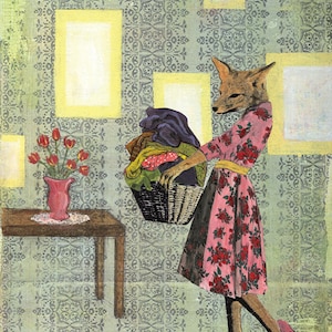 May include: A coyote wearing a pink dress with red floral print carries a basket of laundry in a vintage-style room with a patterned wallpaper and a vase of red tulips on a table.