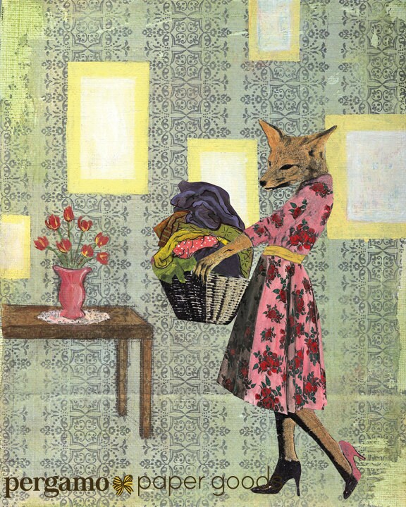 Retro Fox Art Print, 8x10 Unique Laundry Decor, Vintage Fifties Inspired, Dressed Up Animal, Surreal Animals in Clothes Weird Art Bathroom