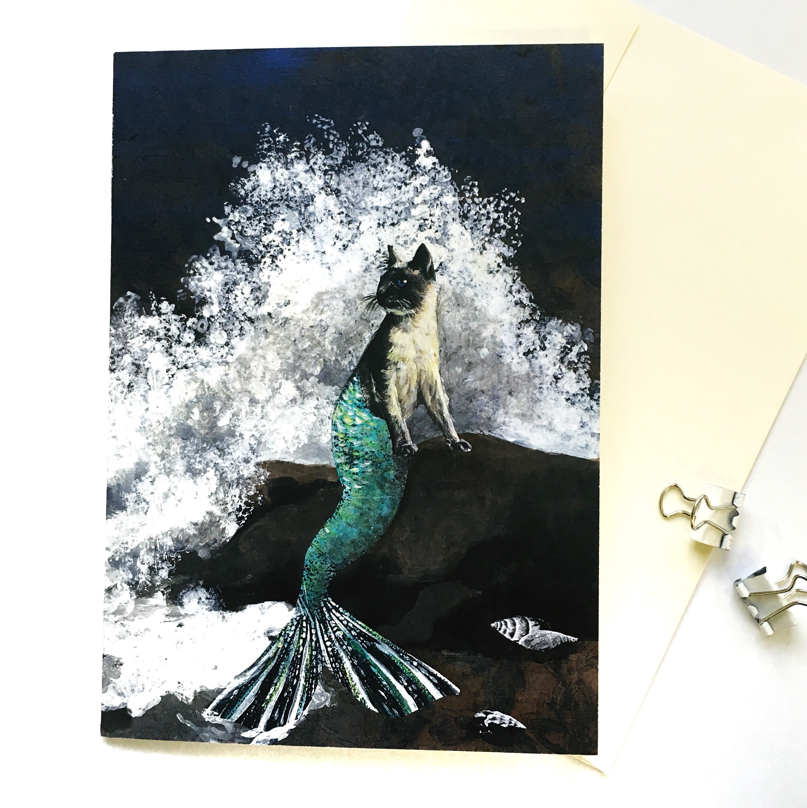 Mermaid Cat Card, Cat Lover Mer-Cat Greeting Cards, Unique Cat Illustration, Weird Art, Vintage Mermaid Surreal Kitty Stationery, Wholesale - Thumbnail 3