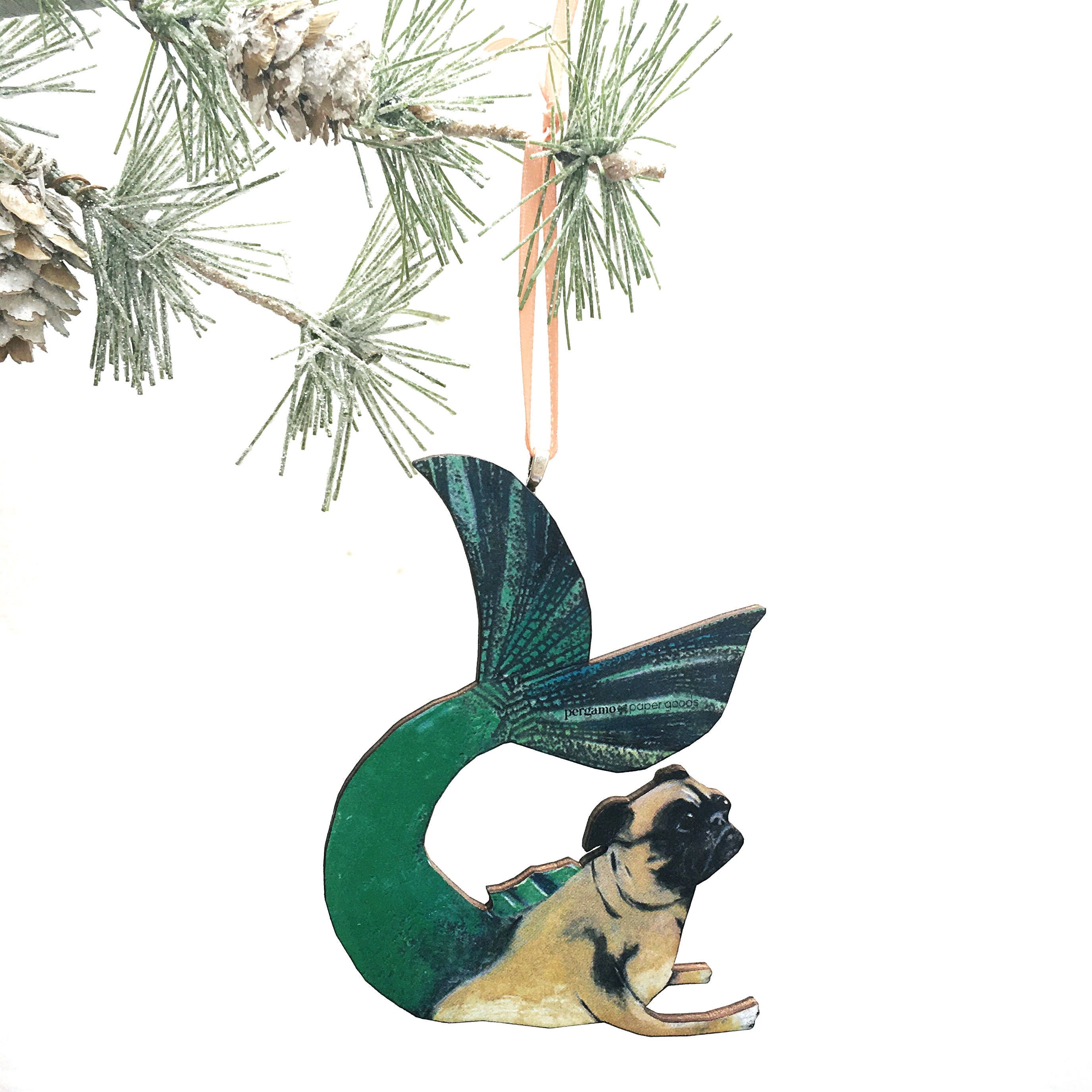 Mermaid Pug Ornament, Dog Christmas Ornament, Laser Ornament, Illustrated Pug Dog Ornament, Pug Mom Gift, Gifts for Dog Lovers, Wholesale - Thumbnail 3