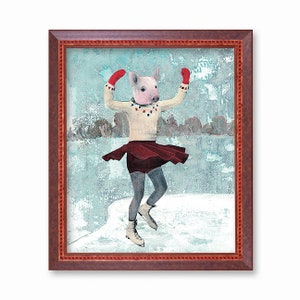 May include: A pig wearing a white sweater with red and blue accents, a red skirt, and red mittens ice skates on a blue and white background.