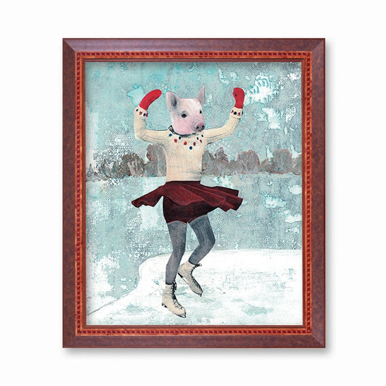 May include: A pig wearing a white sweater with red and blue accents, a red skirt, and red mittens ice skates on a blue and white background.