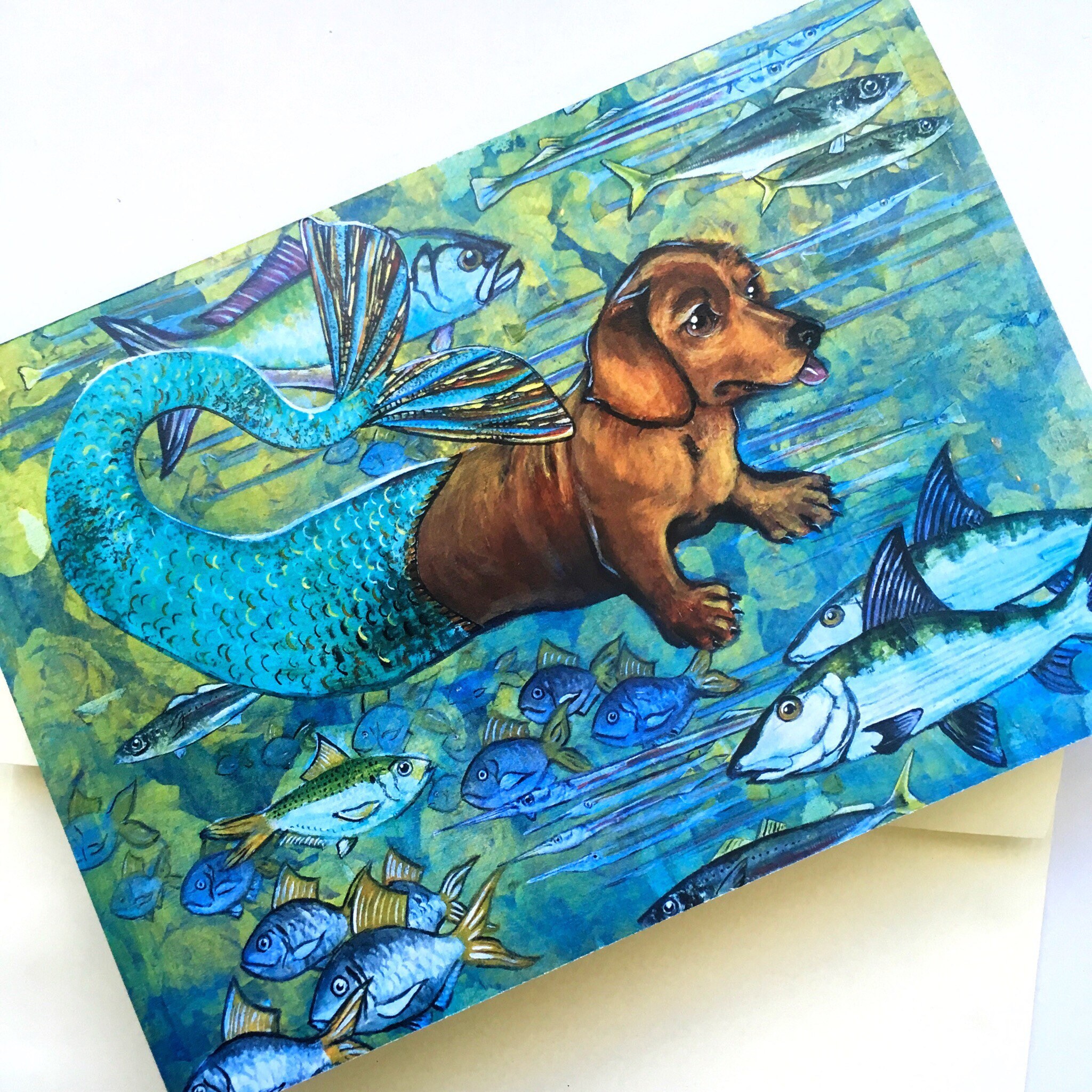 Mermaid Dachshund Card, Mermaid Lover Cards, Doxie Gifts for Dog Mom, Dog Lover Stationery, Animal Rescue Veterinarian Vet Tech Card Gift