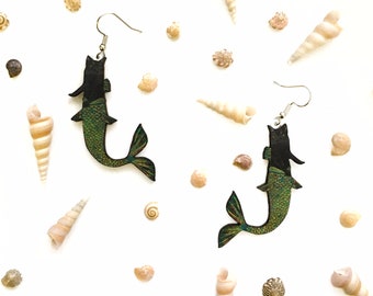 Black Cat Earrings, Mermaid Cat Jewelry, Laser Cut Wood Dangle Earrings, Illustrated Retro Kitten, Weird Vintage Halloween Gifts, Clip On
