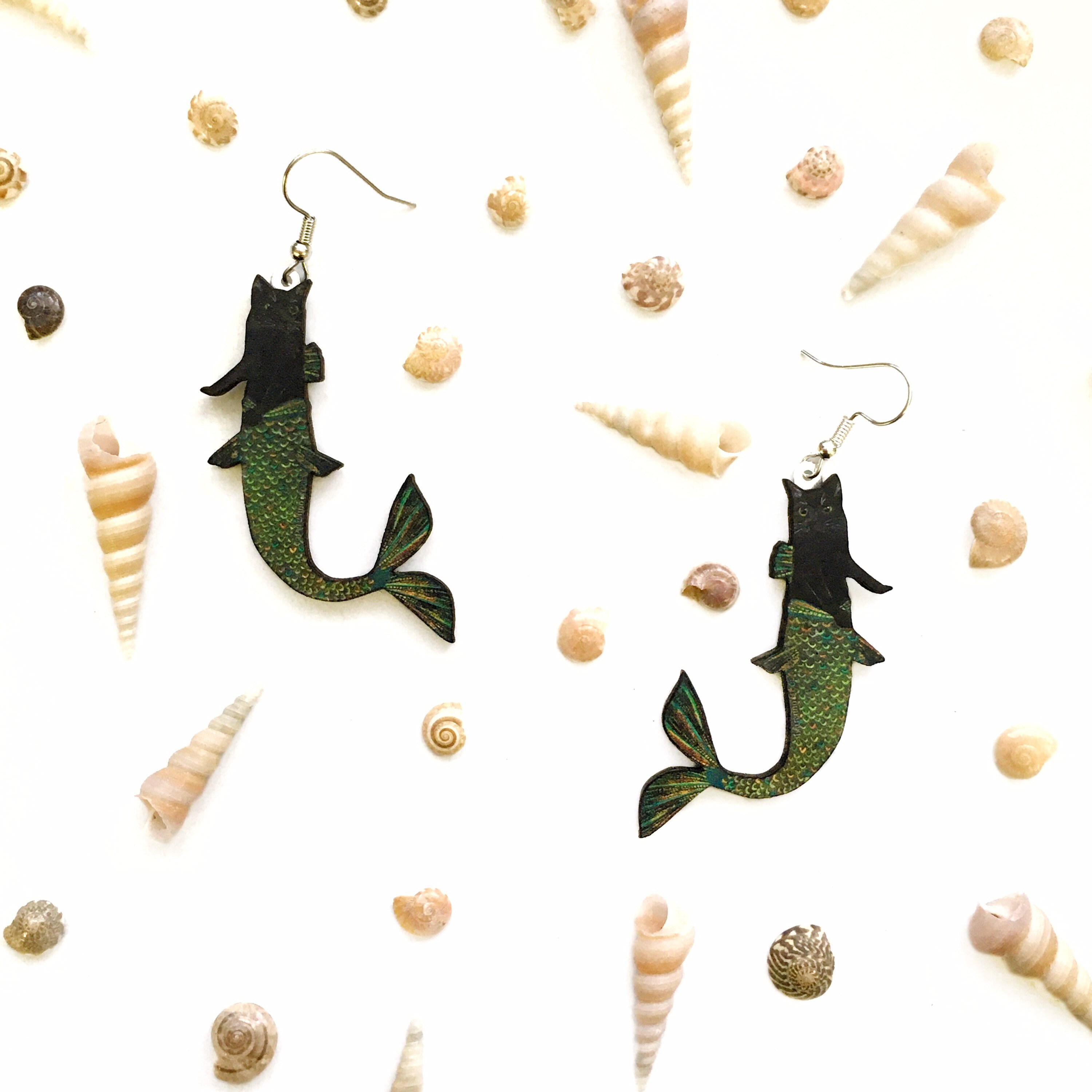 Black Cat Earrings, Mermaid Cat Jewelry, Laser Cut Wood Dangle Earrings, Illustrated Retro Kitten, Weird Vintage Halloween Gifts, Clip On