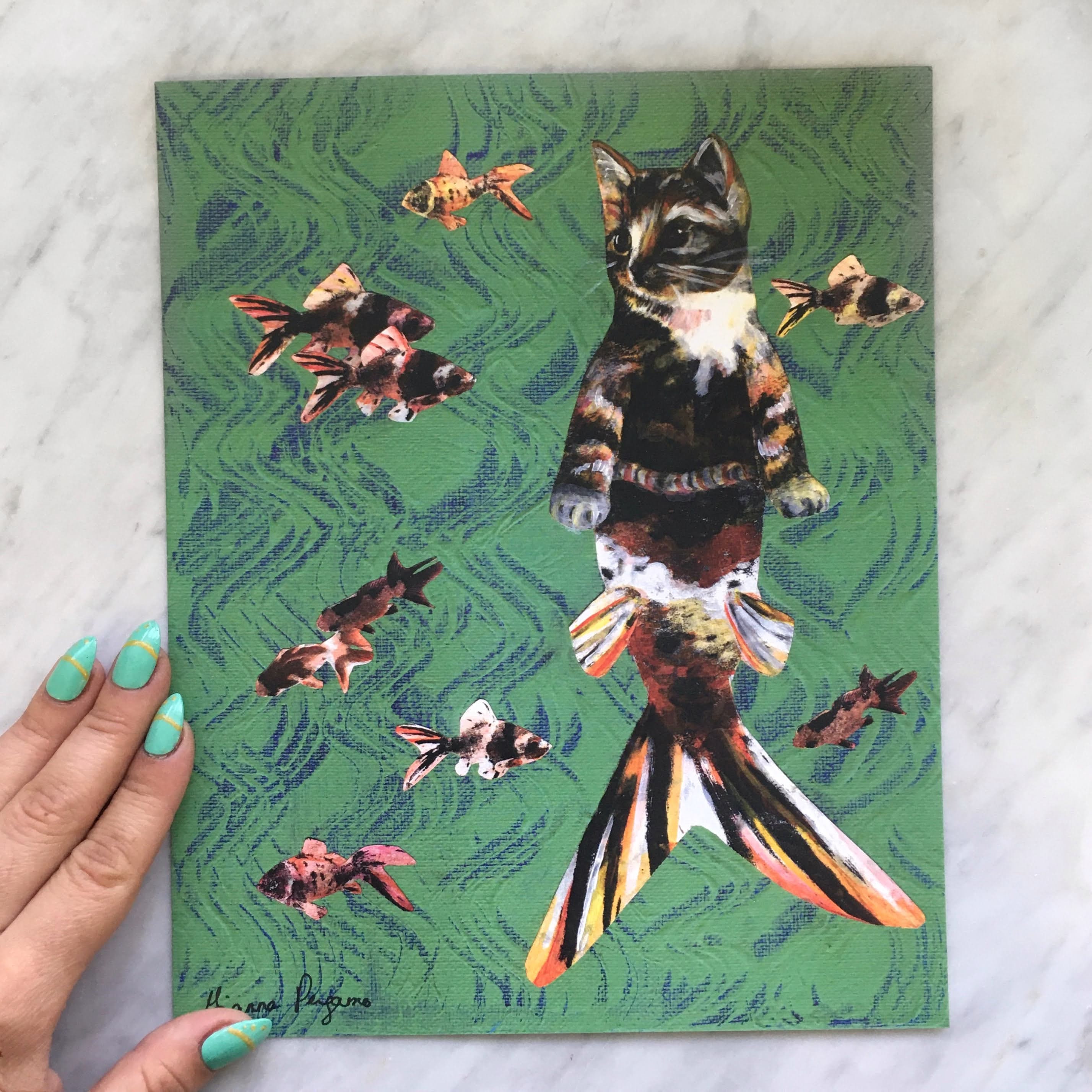 Orange Cat Art Print, 8"x10" Mermaid Cat, Weird Art, Vintage Retro Bathroom Decor, Calico Cat Art, Orange Kitten Mermaid, Animal Rescue - Thumbnail 2
