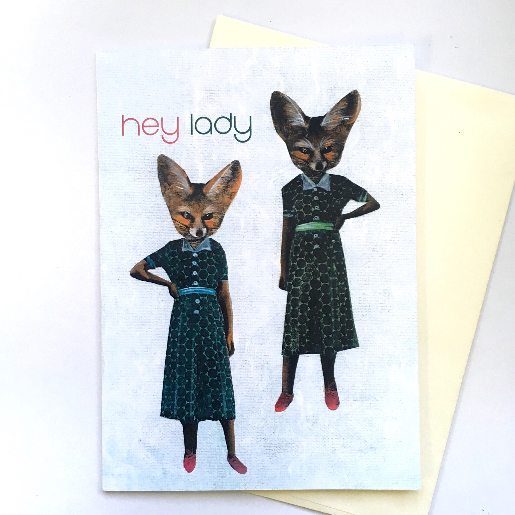 Retro Fox Card, "Hey Lady" Foxes Vintage Art Cards, Sisters Friendship Animals, Weird Art for Twins, Twin Animals Stationery, Lesbian LGBTQ