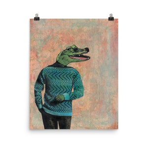 Alligator Art, Weird 16x20 Crocodile Poster, Vintage Florida Housewarming Gift, FL Gifts, Dressed Up Animals, Animal Decor for Men Boyfriend