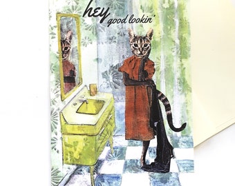 Unique Cat Card, Hey Good Lookin' Retro Illustrated Card, Cat Lover Card, Cat Girlfriend Card, Cat Lady Birthday Card