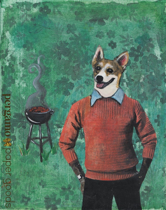 Corgi Art Print, 8x10" BBQ Decor for Men, Weird Dog Wall Art, Dapper Corgi Man, BBQ Lover, Summer Unique Vintage Mixed Media Collage, Rescue