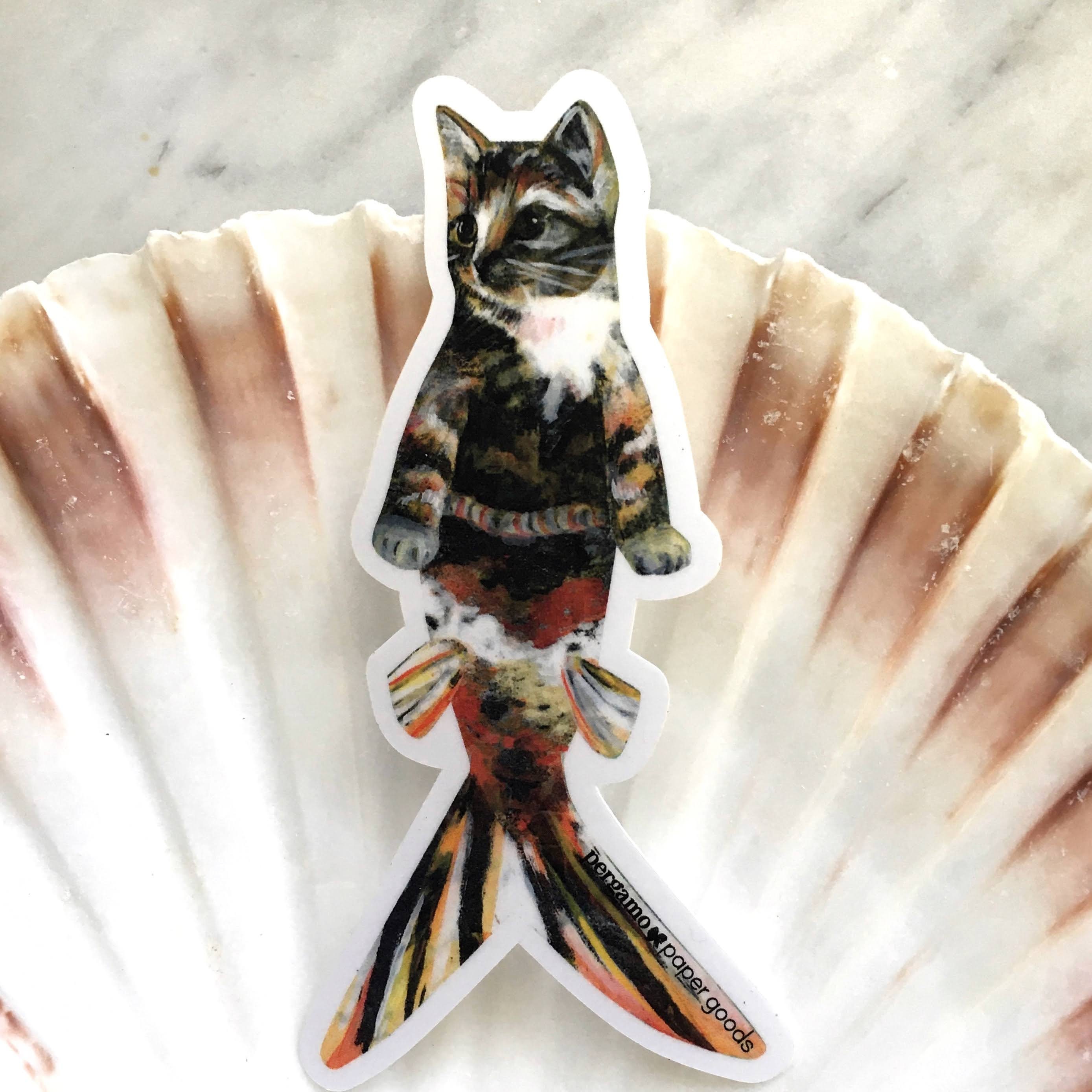 Orange Cat Sticker, Vintage Cat Mermaid Stickers Vinyl, Fantasy Kitty Decal, Laptop Decals, Crazy Cat Lady Gifts, Calico Cat Gift, Kitten - Thumbnail 4