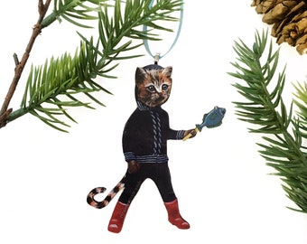 Cat Ornament Weird, Holiday Laser Ornaments, Calico Kitty Sailor Fishing, Animal Lover Funny Christmas Decoration, Vintage Holidays