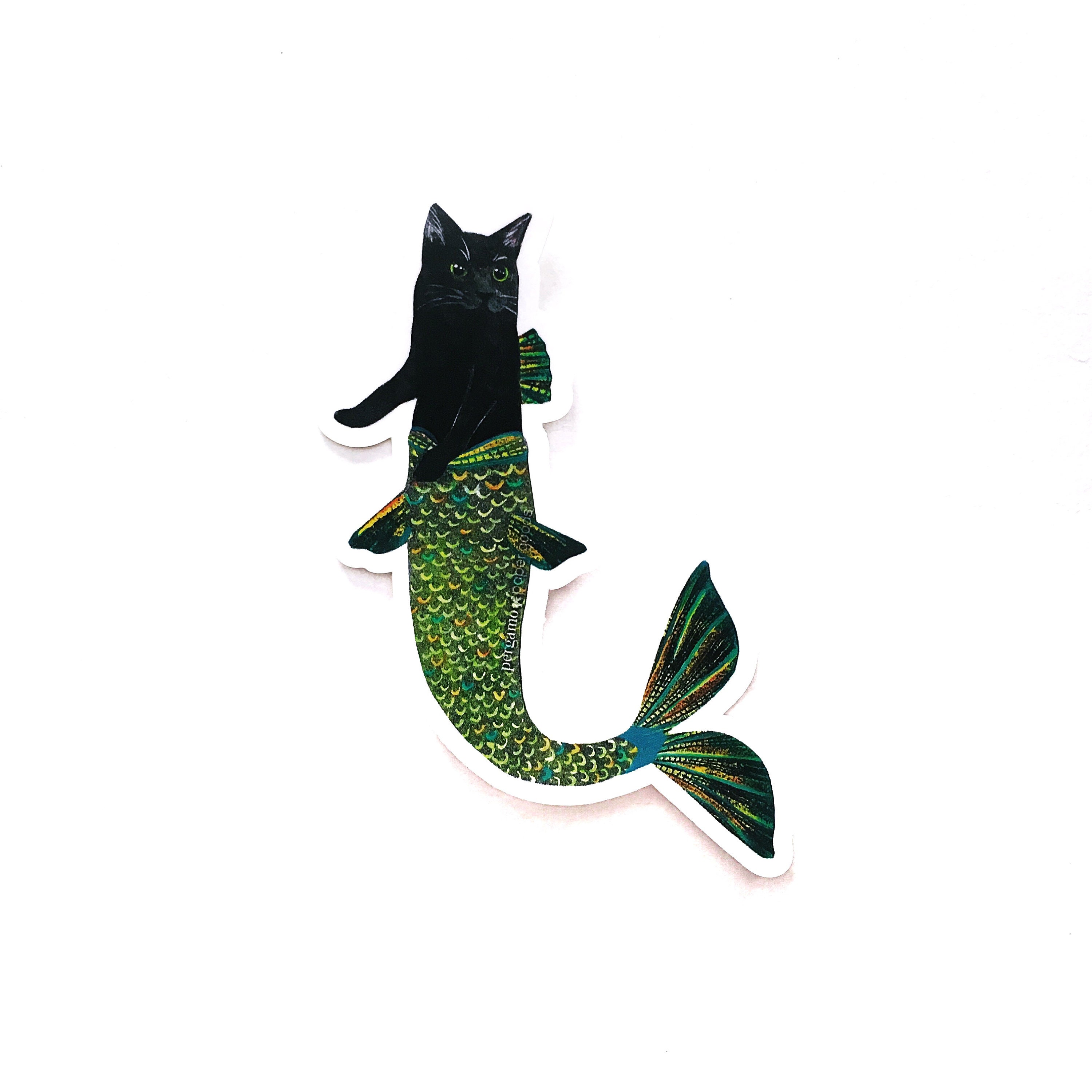Black Cat Mermaid Sticker, High Quality Stickers Laptop, Best Cat Vinyl Decals, Durable Mermaid Cat Stocking Stuffer, Surreal Phone Macbook - Thumbnail 2