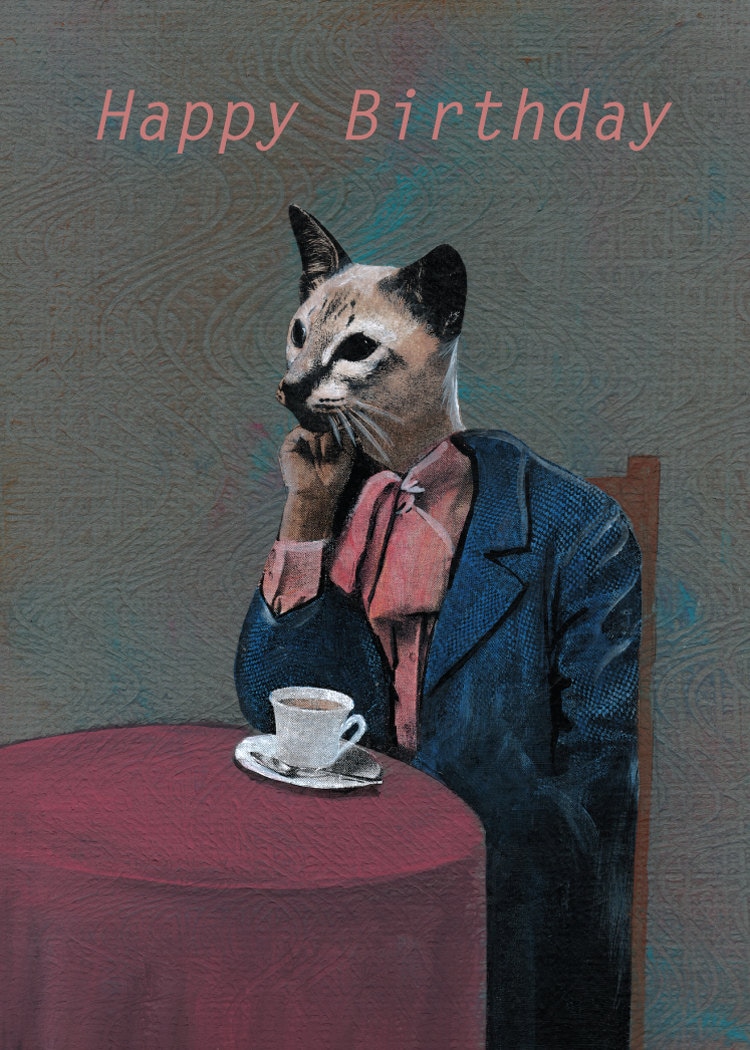 Cat Birthday Card, Vintage Happy Birthday Cards, Dapper Cats Eclectic Animals Greeting, Tea Cat Coffee Kitty Dressed Up Cat Wearing Clothes - Thumbnail 2