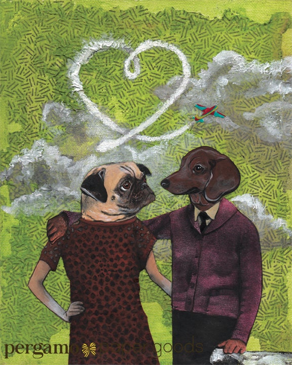 Pug Dachshund Art, Dogs Love Art Print, 8x10 Dog Wall Decor, Dog Lover Gift Vintage Art, Pug Gifts, Weird Art, Animal Rescue, Collage Rescue - Thumbnail 2