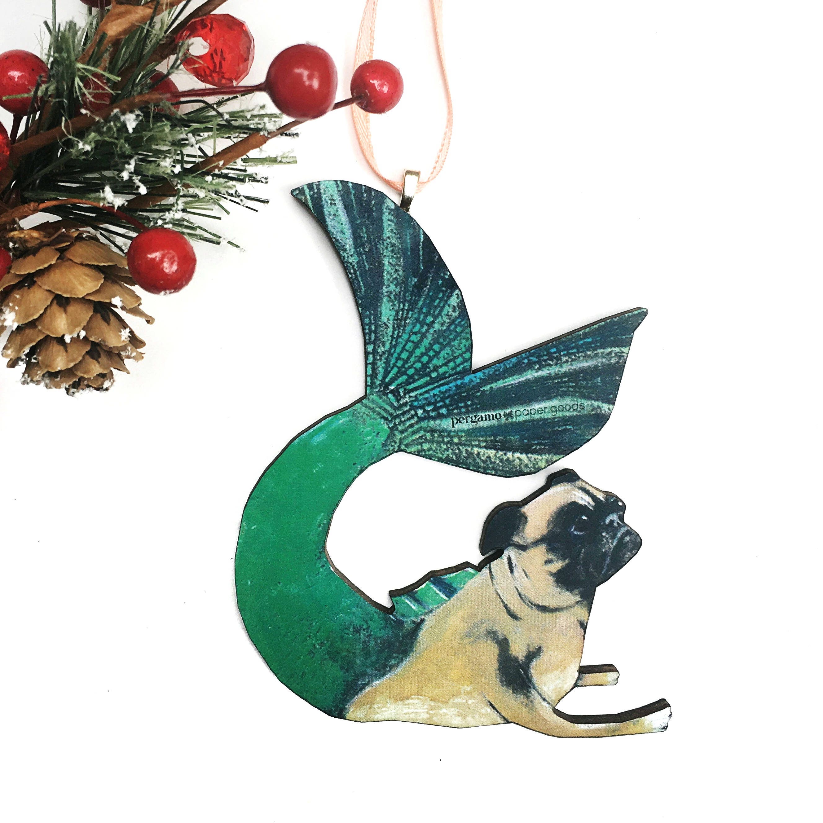 Mermaid Pug Ornament, Dog Christmas Ornament, Laser Ornament, Illustrated Pug Dog Ornament, Pug Mom Gift, Gifts for Dog Lovers, Wholesale - Thumbnail 6