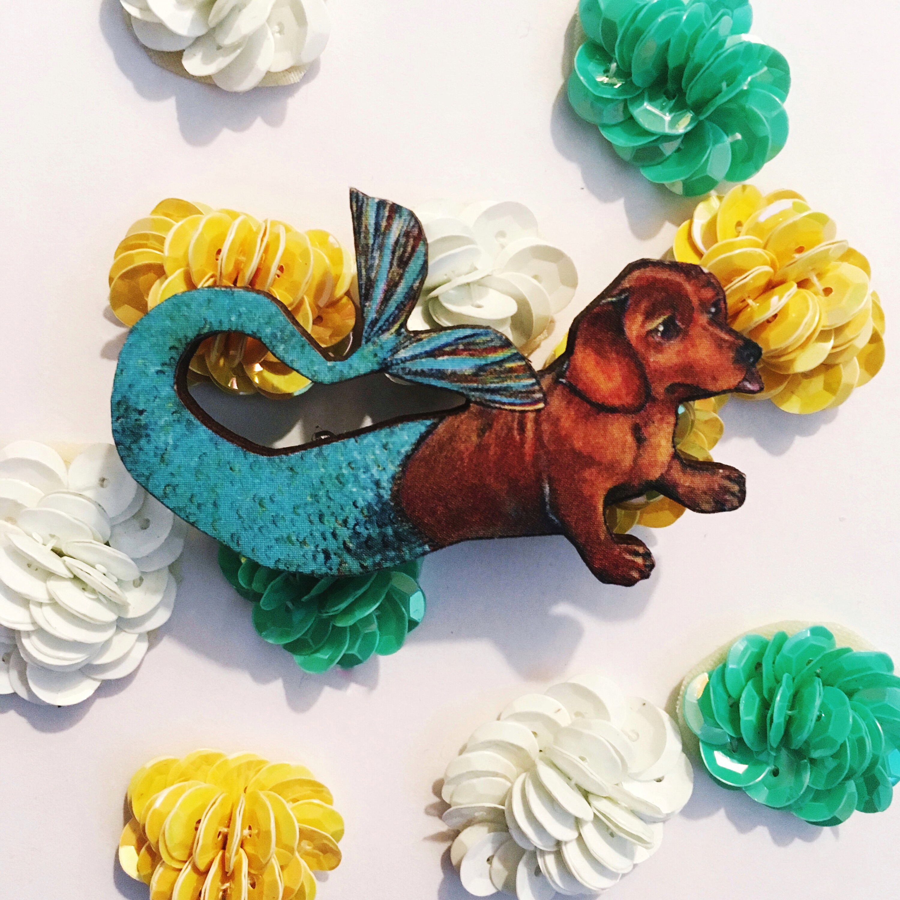 Weird Dachshund Gifts, Mermaid Dachshunds Pin, Dog Brooch, Laser Cut Wood Animal Jewelry, Illustrated Dachshund Lapel Pins, Pet Memorial - Thumbnail 4