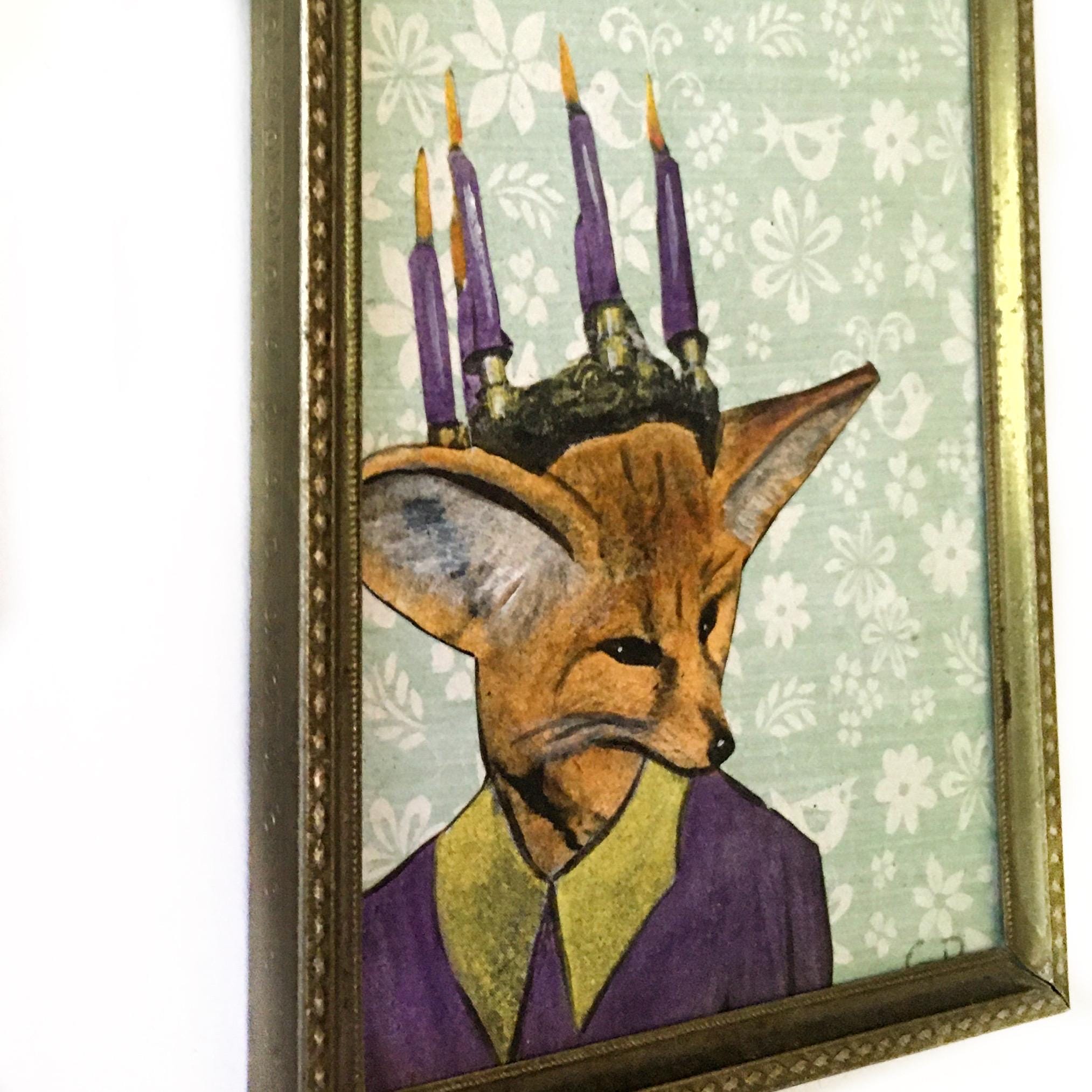 Mini Fox Painting, Vintage Inspired Mixed Media Art, Collage Wall Painting, Original Acrylic Artwork, Retro Weird Animal Lover Gift - Thumbnail 2