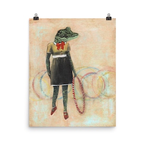16x20 Florida Alligator Art Print, Hula Hoop Reptile Wall Decor, FL Regali Retro Animal Weird Art, Mixed Media Poster, Vintage Crocodile Gift