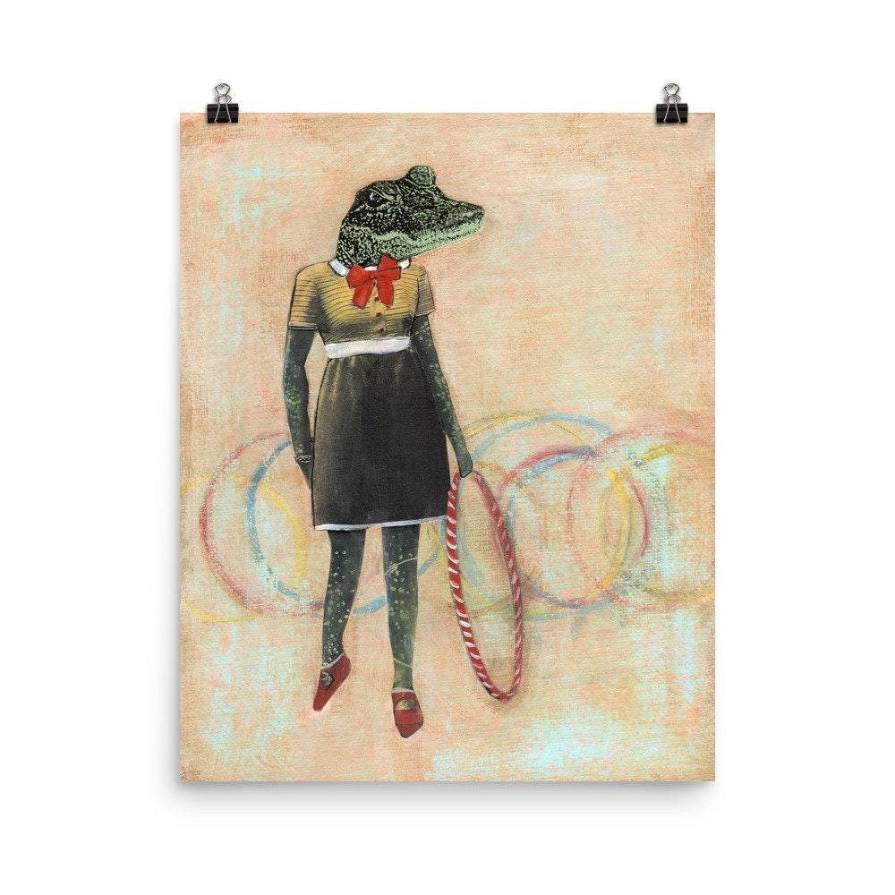 16x20 Florida Alligator Art Print, Hula Hoop Reptile Wall Decor, FL Gifts Retro Animal Weird Art, Mixed Media Poster, Vintage Crocodile Gift