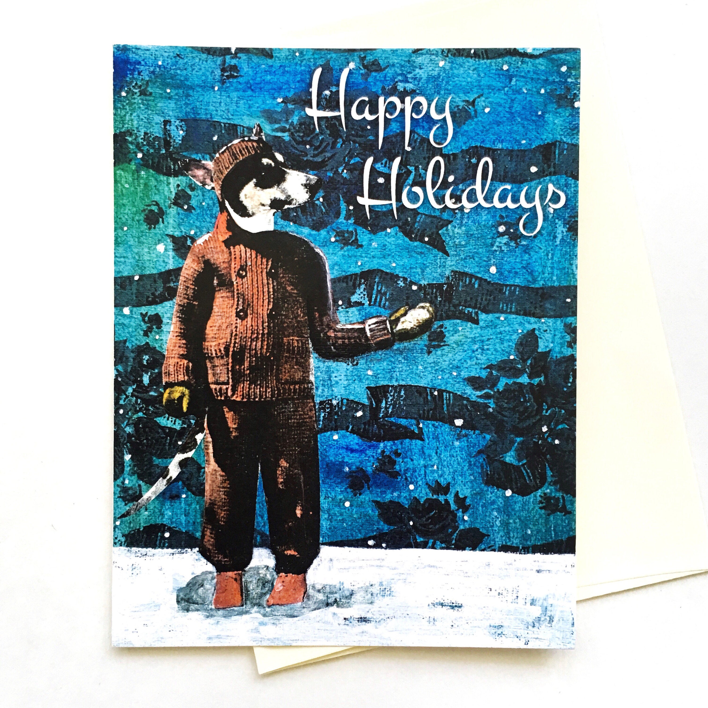 Dog Holiday Card Set, Rat Terrier Card, Vintage Christmas Dog Retro Holiday Gift, Surreal Weird Holiday Animal Gifts, Wholesale Stationery