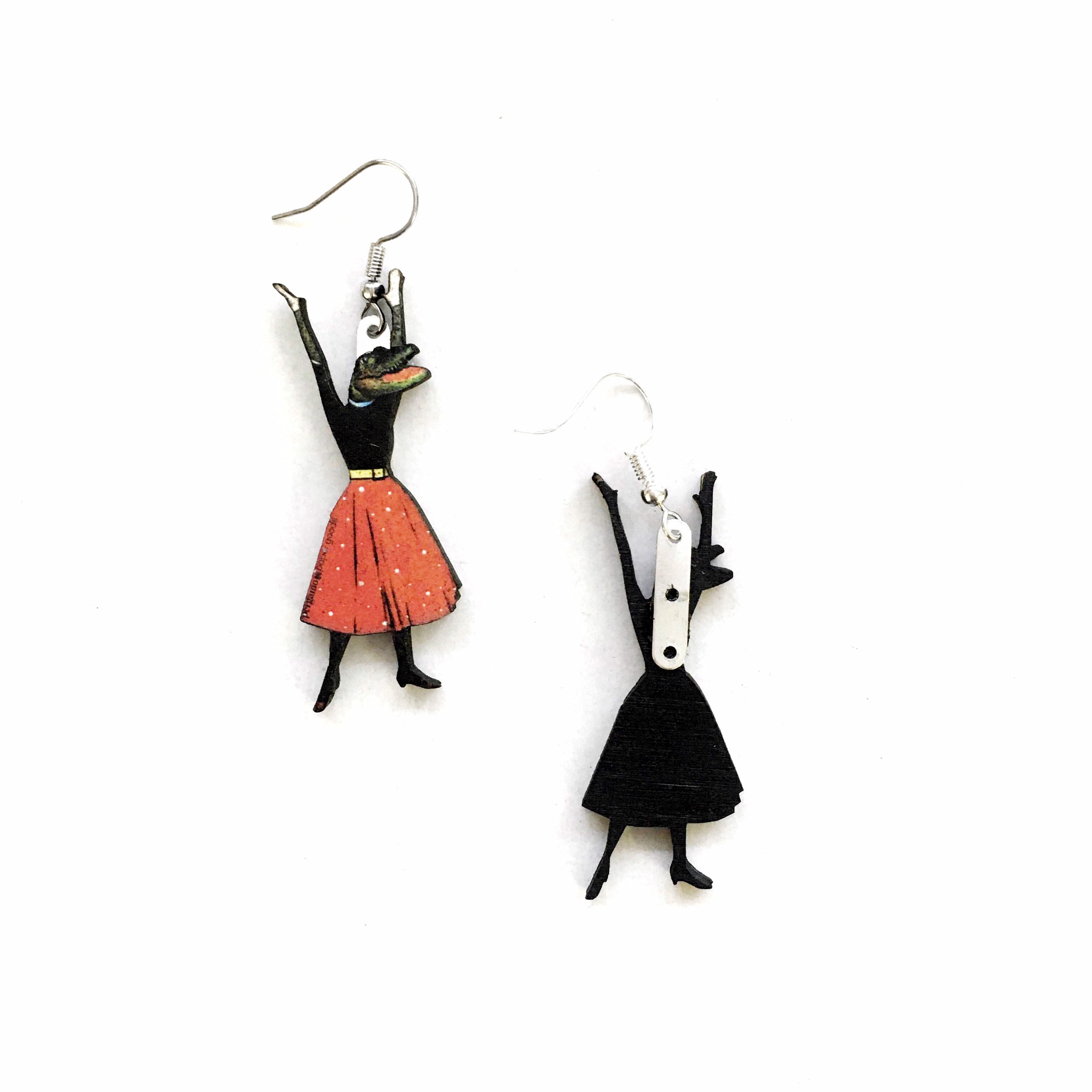 Alligator Earrings, Weird Lightweight Wood Florida Jewelry, Surgical Steel Dangle Clip On Illustrated Dressed Up Crocodile Animal Tampa FL - Thumbnail 4