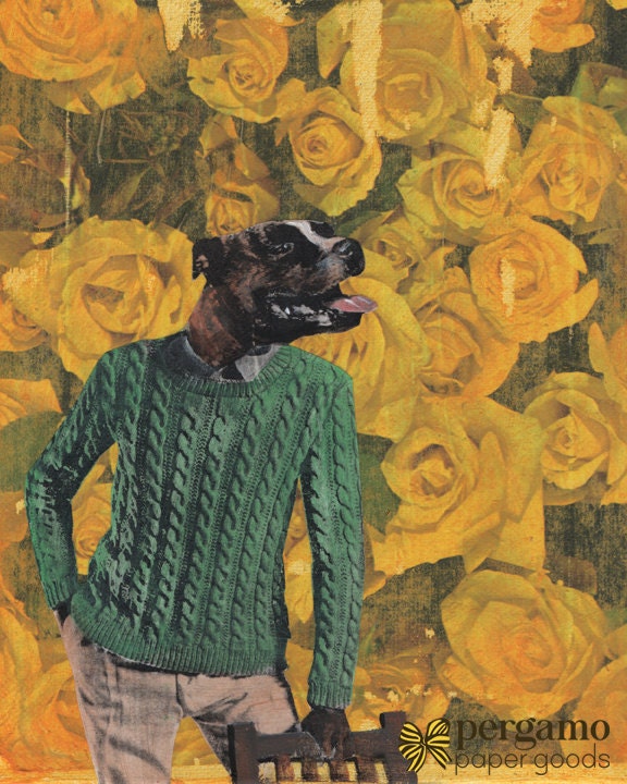 Pitbull Art Print, 8x10 Retro Pitbull Mom Gift, Dressed Up Dapper Sweater Dog, Pit Bull Terrier Pittie Weird Art Vintage Mixed Media Collage