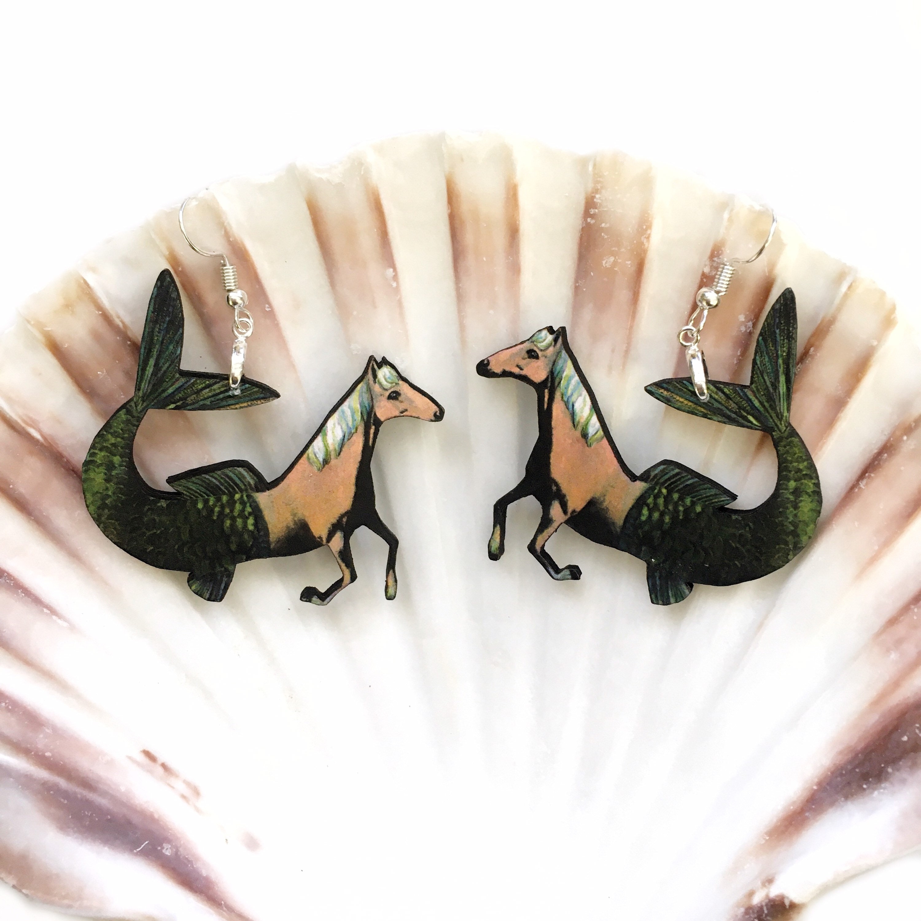 Fantasy Horse Earrings, Mermaid Horse Jewelry, Weird Earrings, Kitsch Clip On Earrings, Surreal Illustrated Retro Art, Vintage Horse Girl - Thumbnail 3