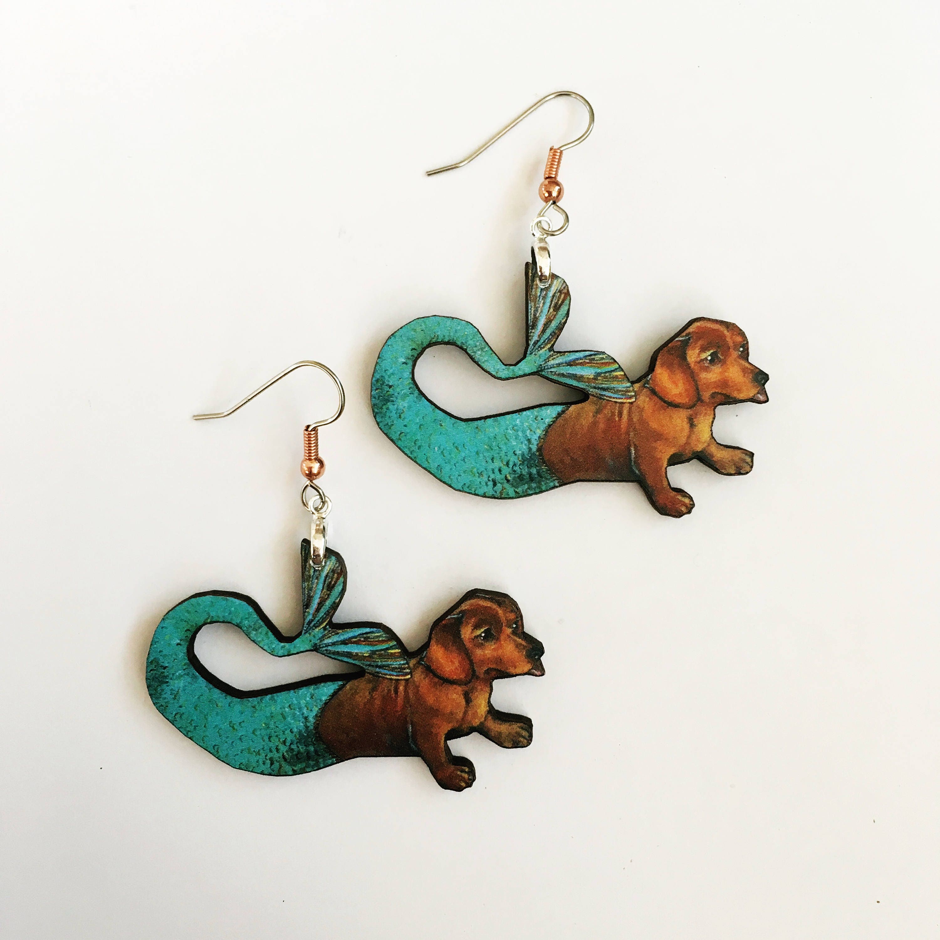 Dachshund Mermaid Earrings, Kitsch Earrings, Weird Earrings, Dog Earrings, Laser Cut Wood Florida Jewelry, Surgical Steel - Thumbnail 5