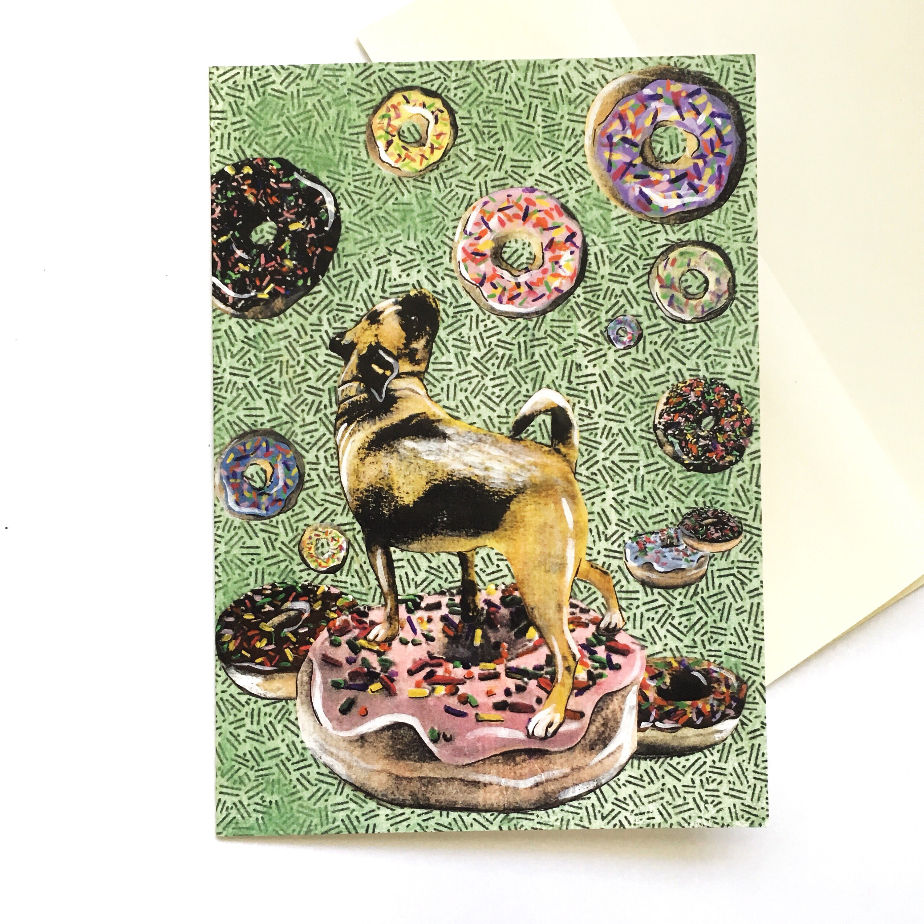 Donut Pug Card, Funny Dog Cards, Donut Stationery Weird Art, Pug Lover, Puggle Gifts, Dog Rescue Favors, Pet Congratulations Card, Wholesale