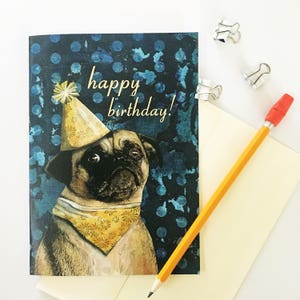 Mops Geburtstagskarte, alles Gute zum Geburtstag Retro-Grußkarte, einzigartige illustrierte Hund Rettung, seltsame Karten seltsame Kunst, Fawn Mops Liebe, nehmen Nicht Shop