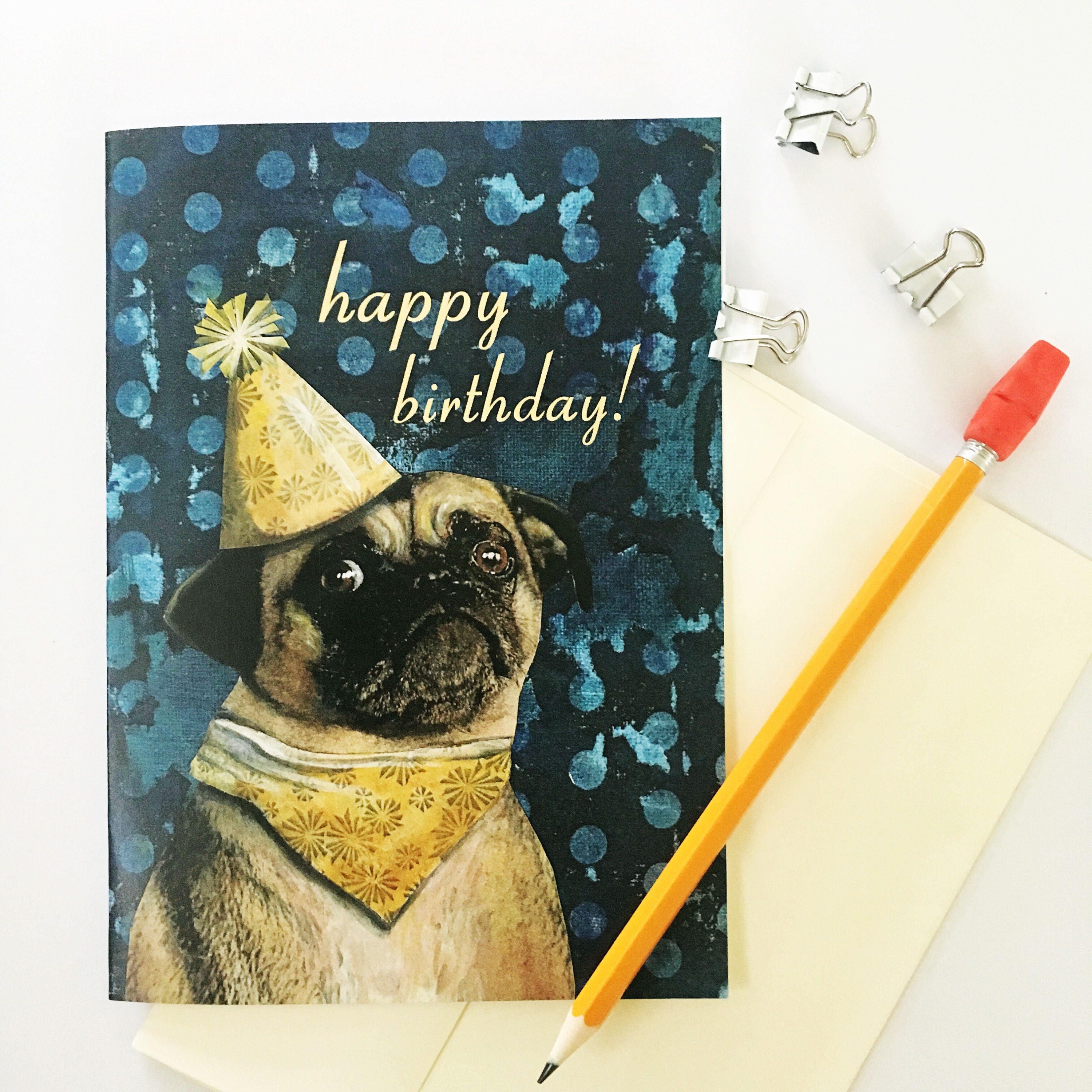 Pug Birthday Card, Happy Birthday Retro Greeting Card, Unique Illustrated Dog Rescue, Weird Cards Weird Art, Fawn Pug Love, Adopt Don't Shop