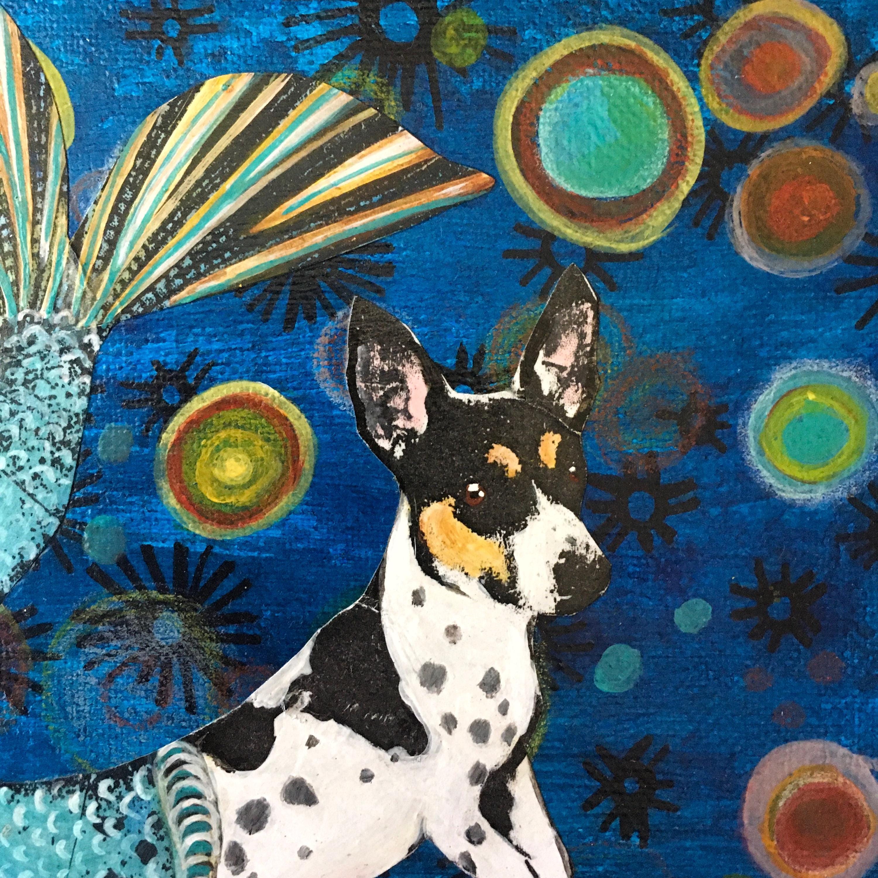 Mermaid Dog Painting, Mermaid Painting, Original Mixed Media Weird Dog Mermaid Art Collage on Canvas 8x10" Dog Memorial Rat Terrier Wall Art - Thumbnail 3