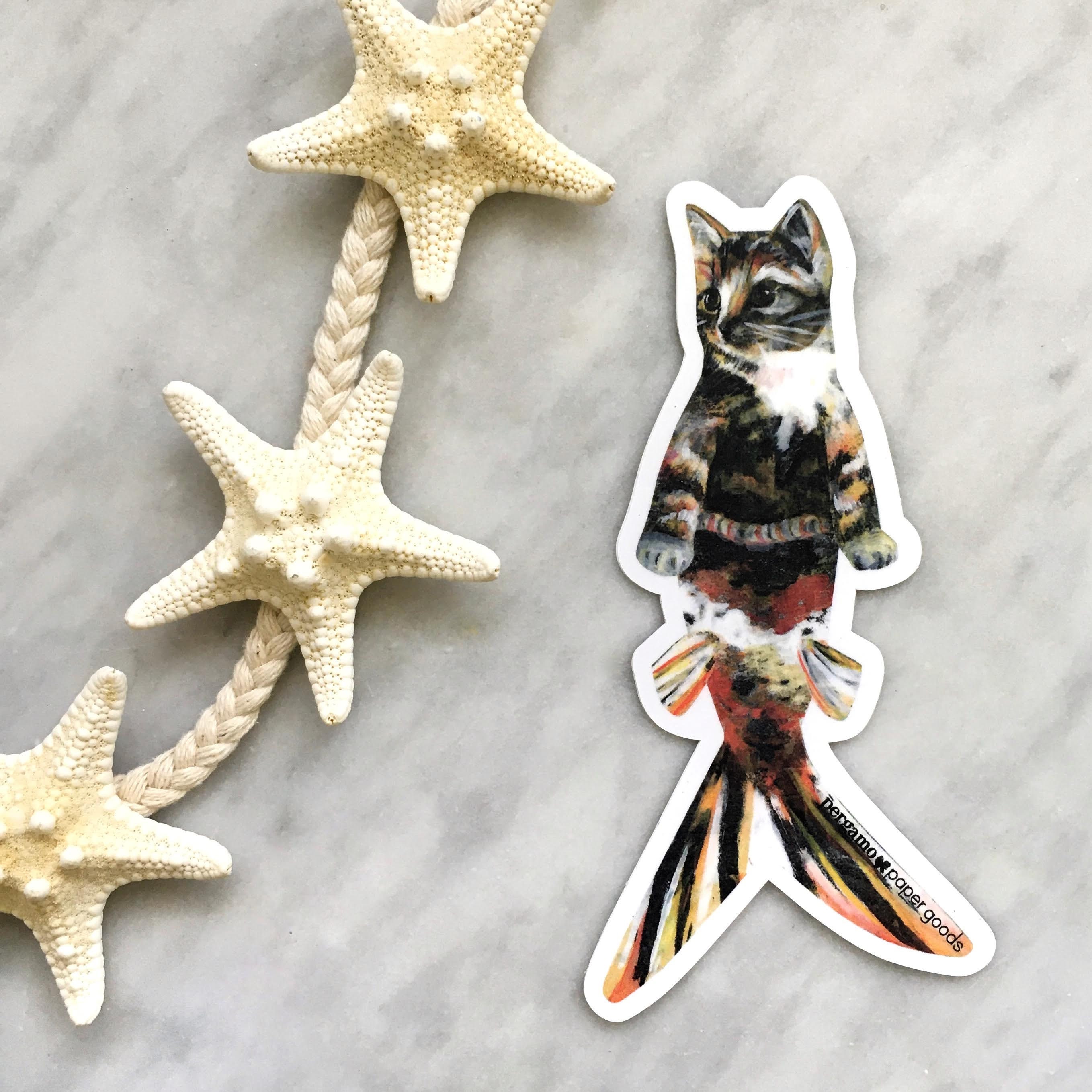 Orange Cat Sticker, Vintage Cat Mermaid Stickers Vinyl, Fantasy Kitty Decal, Laptop Decals, Crazy Cat Lady Gifts, Calico Cat Gift, Kitten