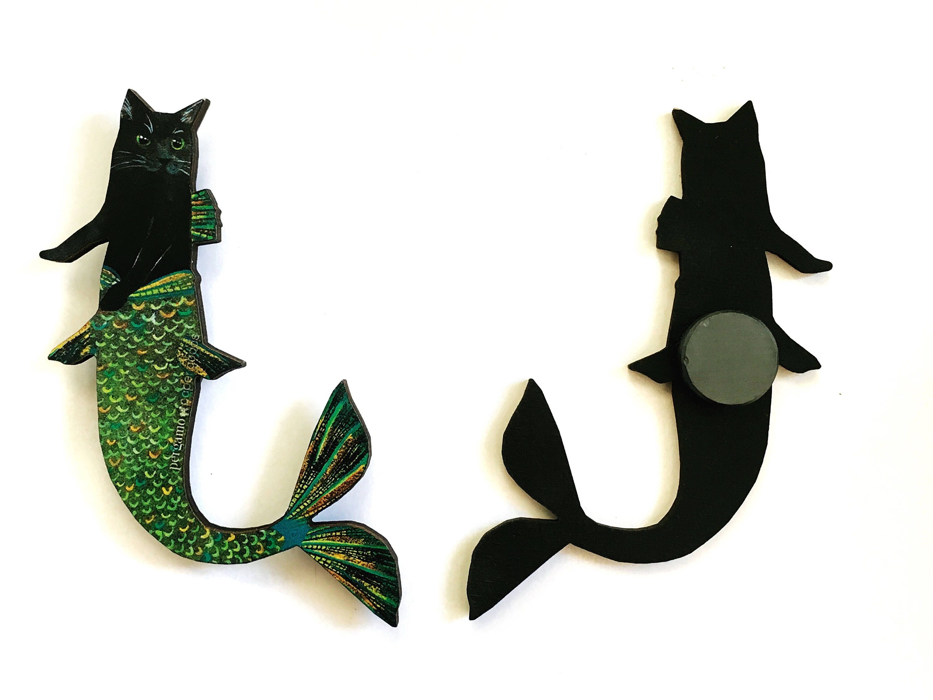 Black Cat Magnet, Cat Mermaid Animal Refrigerator Magnets Fridge Witchy, Weird Florida Laser Cut Wood, Illustrated Witch Gift, Animal Rescue - Thumbnail 2