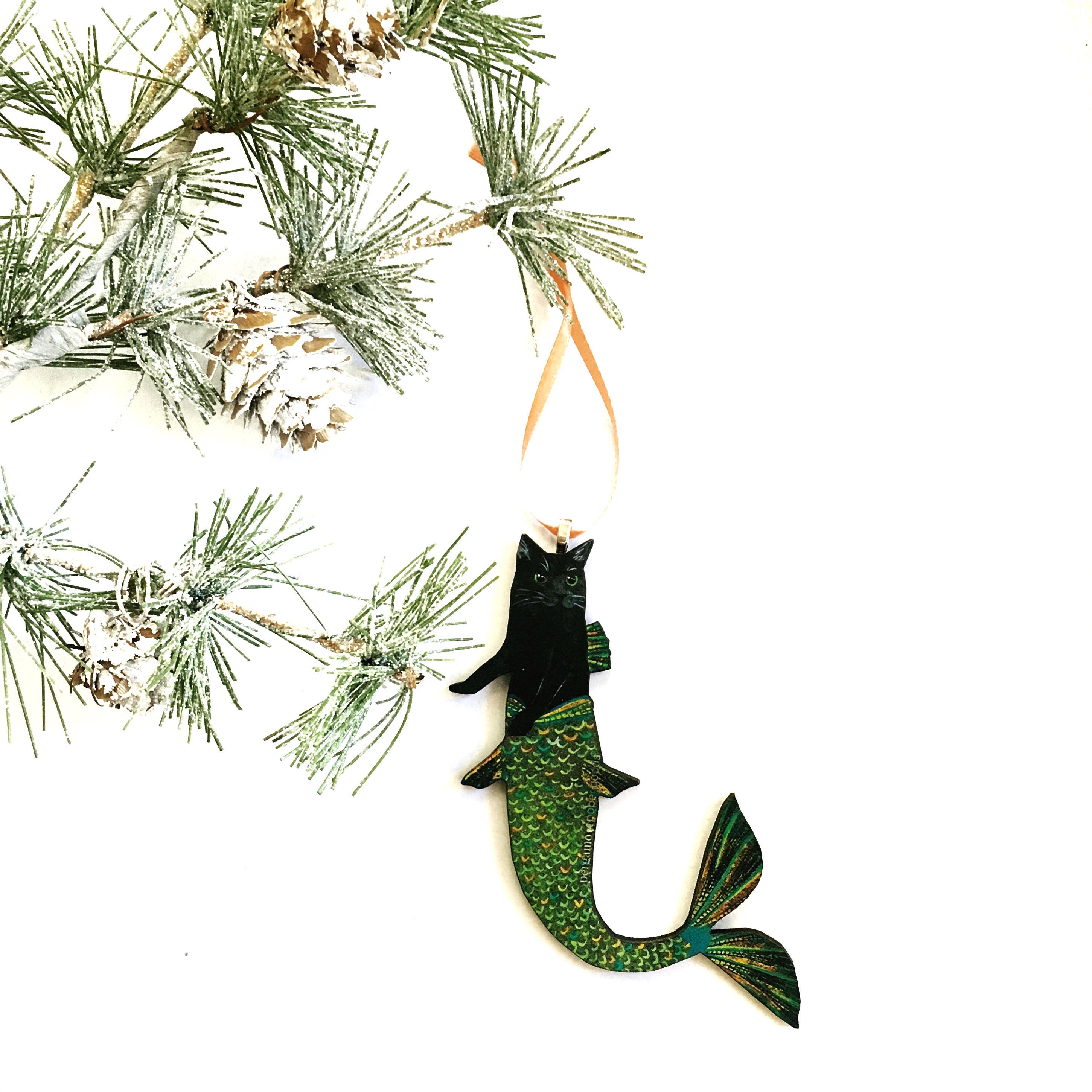 Laser Ornament, Black Cat Ornaments, Vintage Mermaid Cat Christmas Decor, Weird Gifts for Cat Lovers, Retro Christmas, Illustrated Kitten