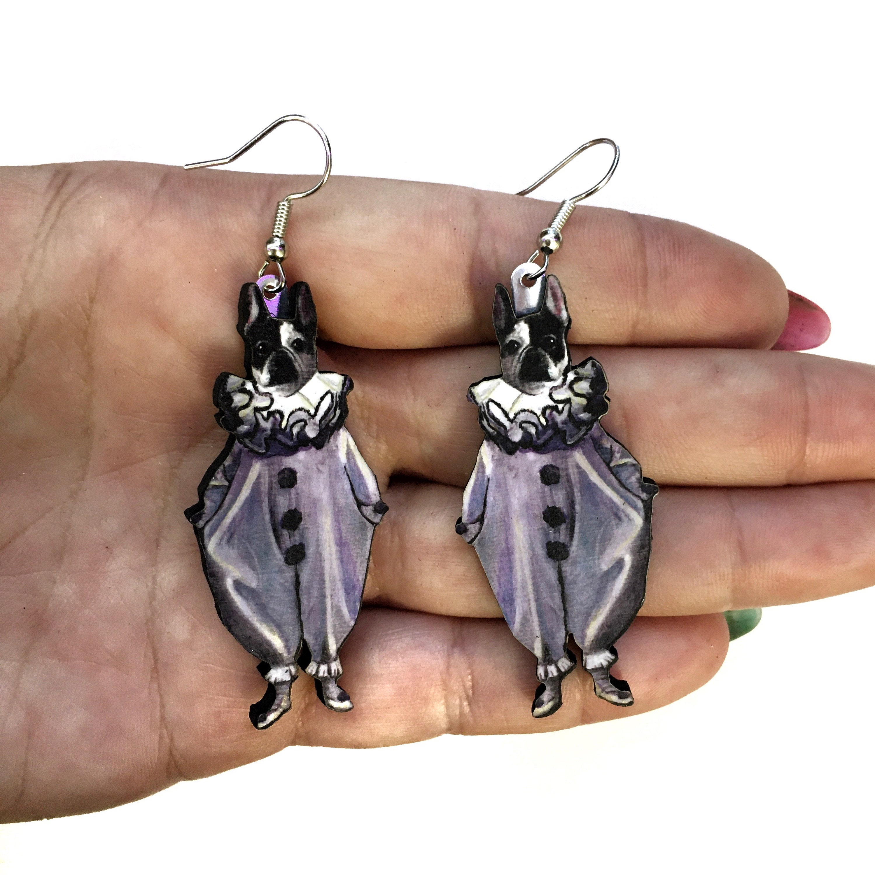 Pierrot Earrings, Funny Frenchie Dog Jewelry, Odd Clown Jewelry, French Bulldog Weird Earrings, Vintage Harlequin Illustration Dangle - Thumbnail 2