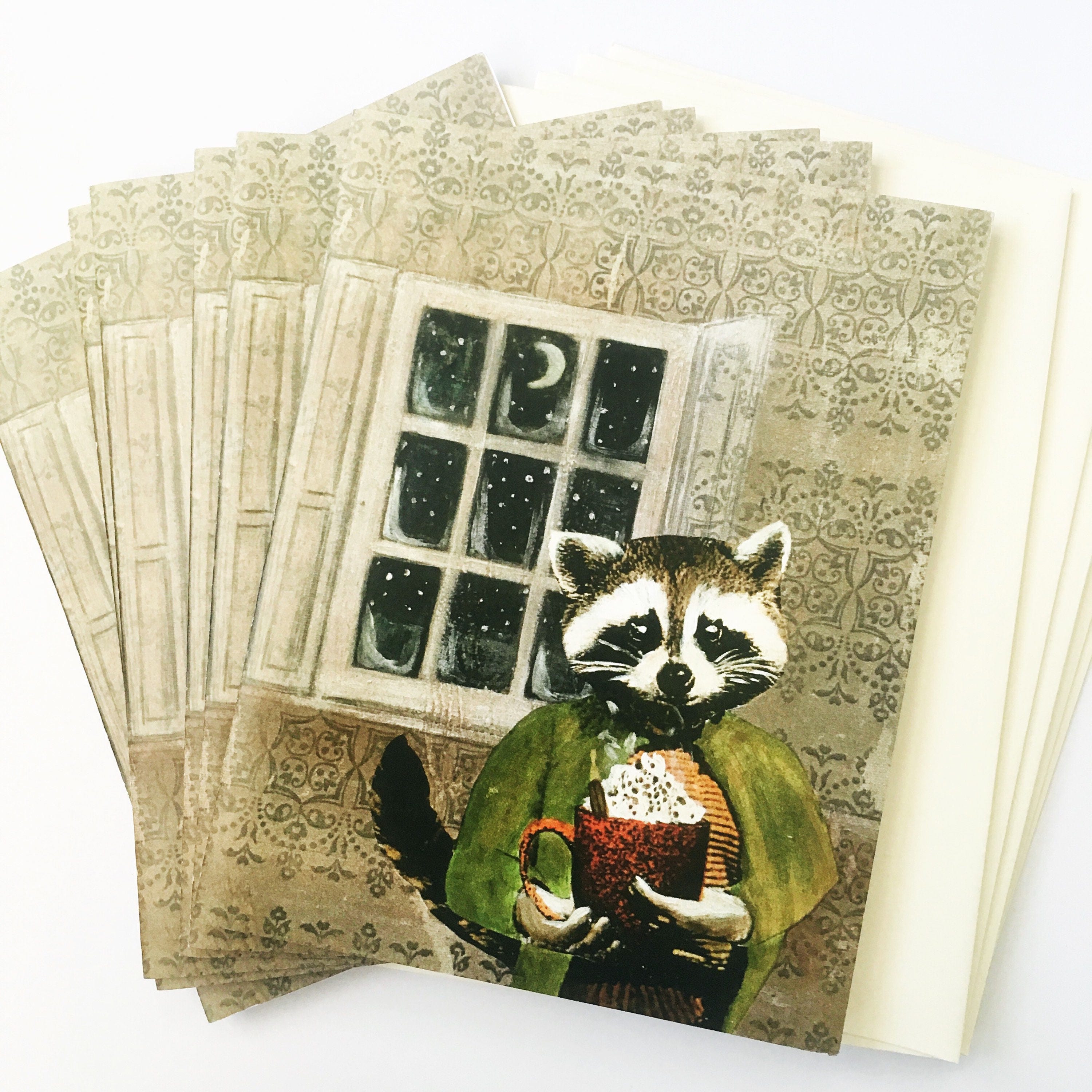 Autumn Fall Card or Card Set, Raccoon Cards, Quirky Hot Cocoa Animal Retro Holiday Card, Surreal Vintage Christmas, Weird Art Wholesale cute - Thumbnail 3