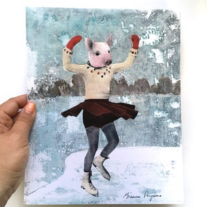 May include: A pig wearing a white sweater with red and blue accents, a red skirt, and red mittens ice skates on a snowy background. The artist's signature "Yanna Peyamo" is in the bottom right corner.