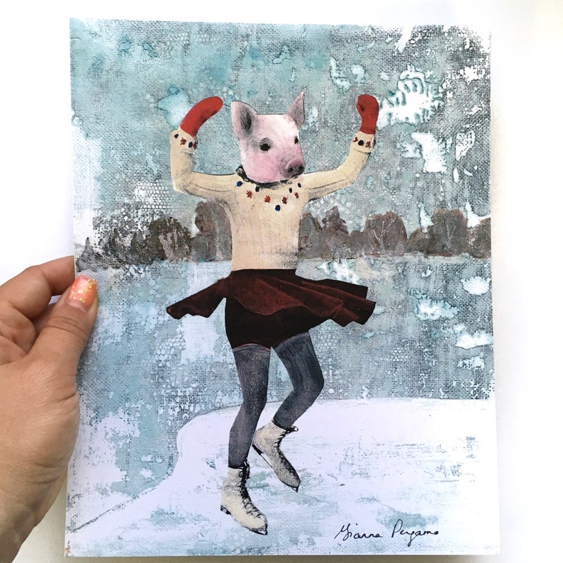 May include: A pig wearing a white sweater with red and blue accents, a red skirt, and red mittens ice skates on a snowy background. The artist's signature "Yanna Peyamo" is in the bottom right corner.