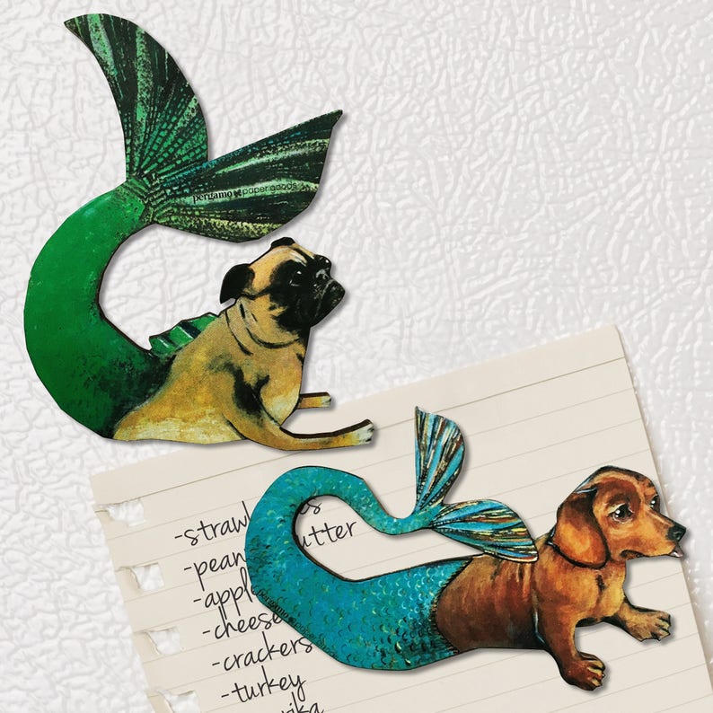 Mermaid Dog Magnets, Fridge Dachshund Pug Refrigerator Magnet Set, Retro Illustrated Animals, Vintage Kitchen Gift for Teachers Vets Rescue image 1
