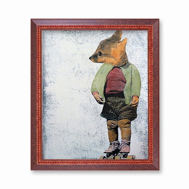 Baby Fox Art Print, Cute Wall Decor, Sweet Little Boy Animal, Children's Room, Weird Art, Roller Skates Retro Vintage Rollerskate Collage