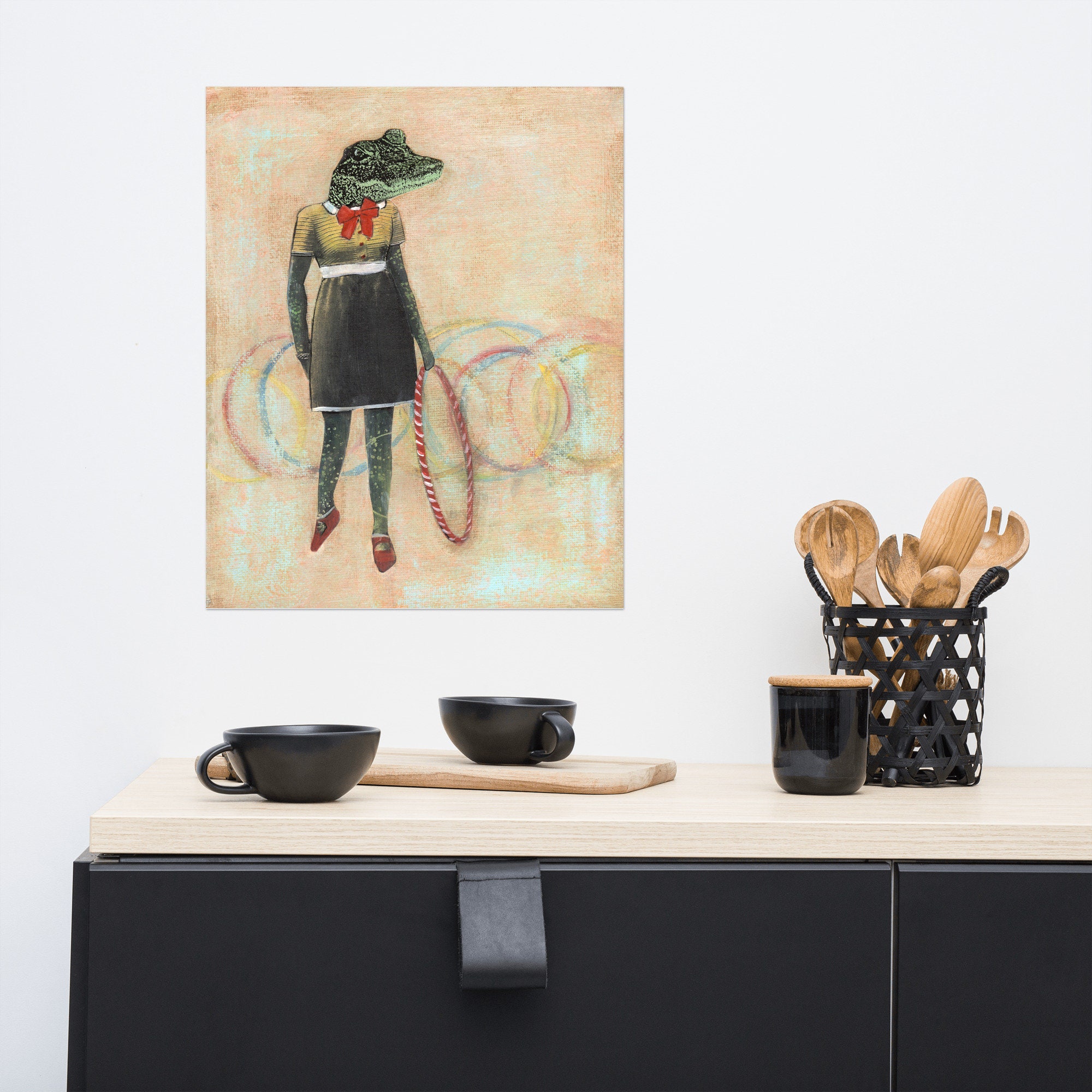 16x20 Florida Alligator Art Print, Hula Hoop Reptile Wall Decor, FL Gifts Retro Animal Weird Art, Mixed Media Poster, Vintage Crocodile Gift - Thumbnail 3
