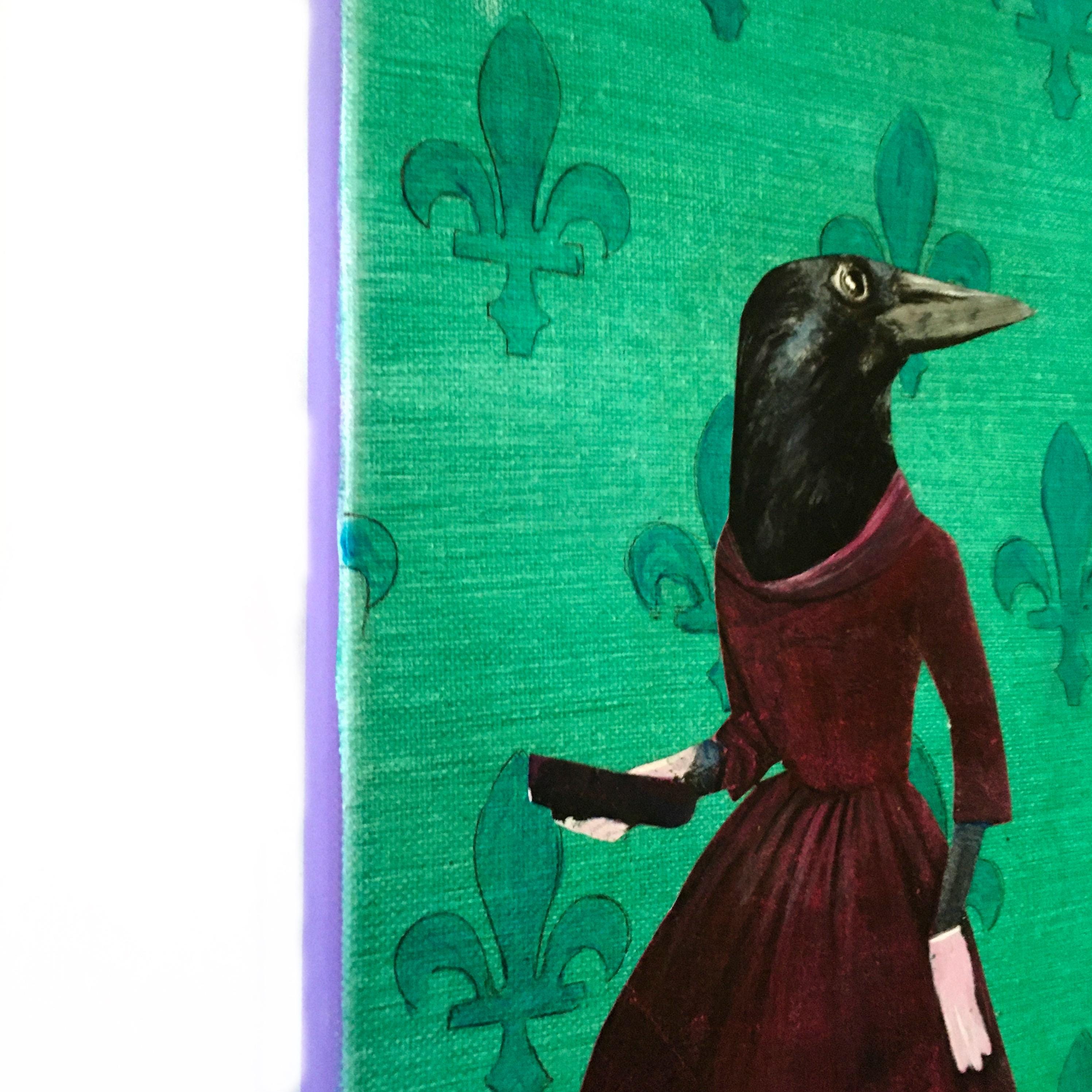 Vintage Crow Painting, Retro Inspired Mixed Media Art, Collage Wall Painting, Original Acrylic Wall Art, Weird Animal Lover Gift Green - Thumbnail 2